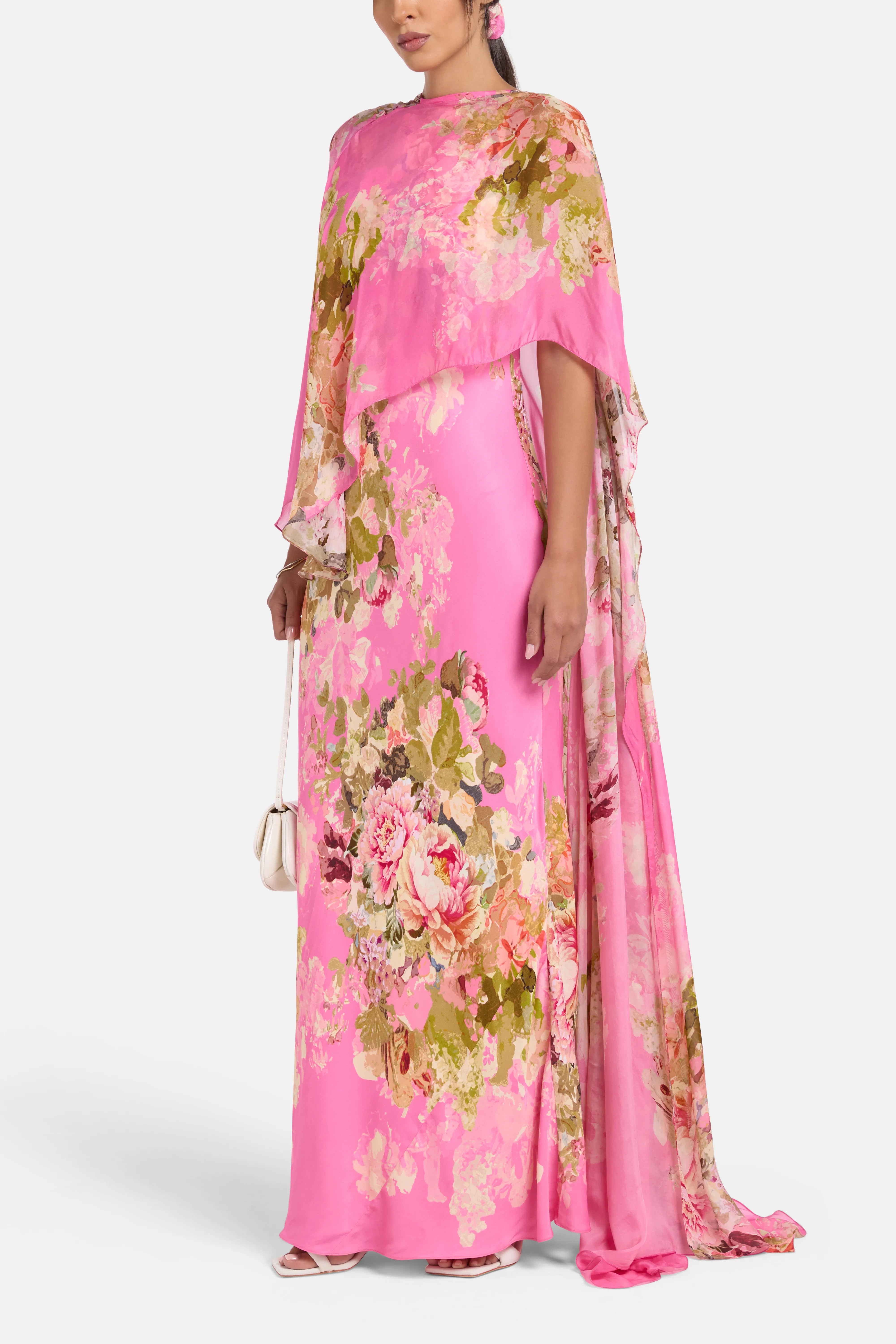 Saro Bias Floral Cape Maxi Dress in Pink