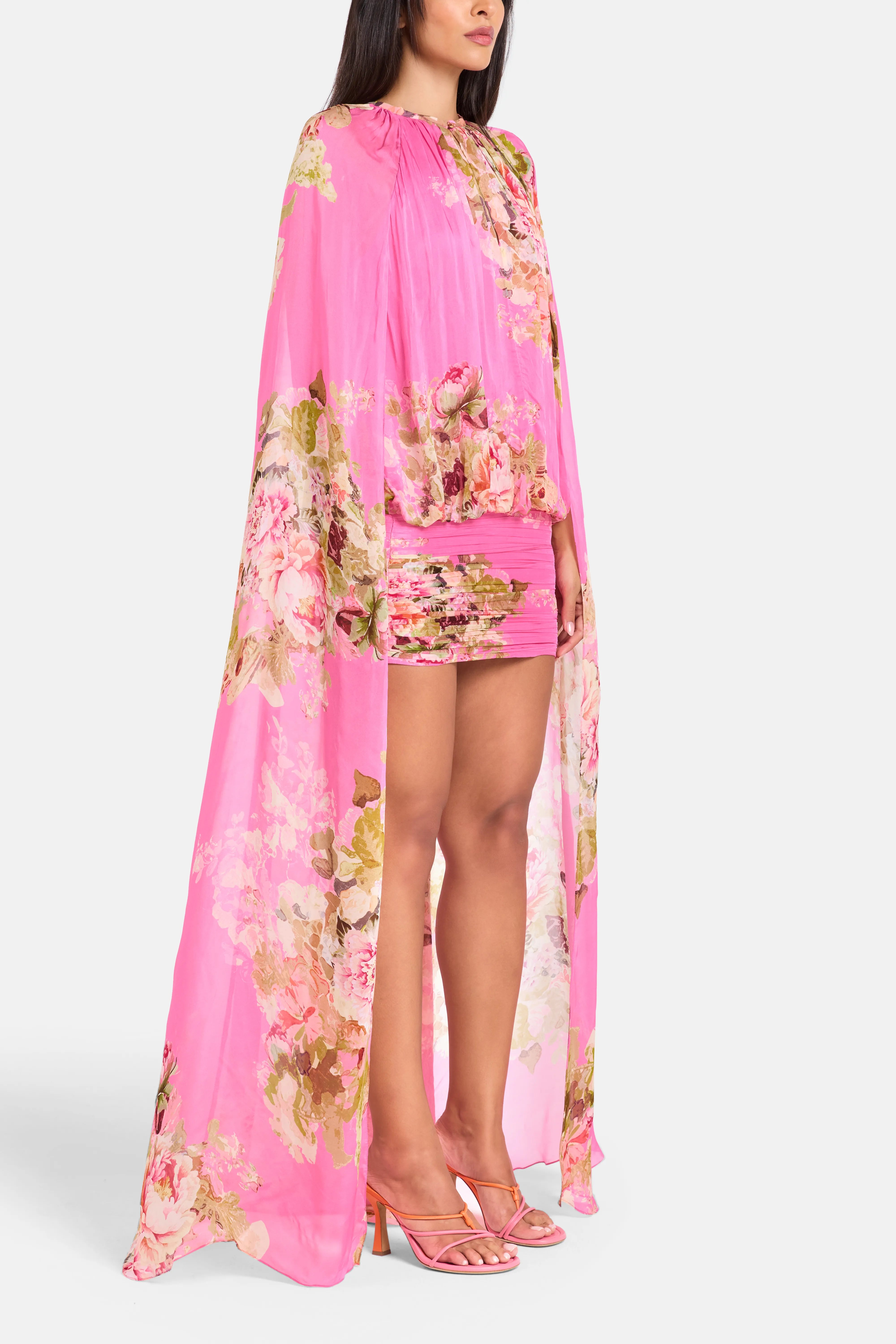 Ruched Cape Floral Mini Dress in Pink