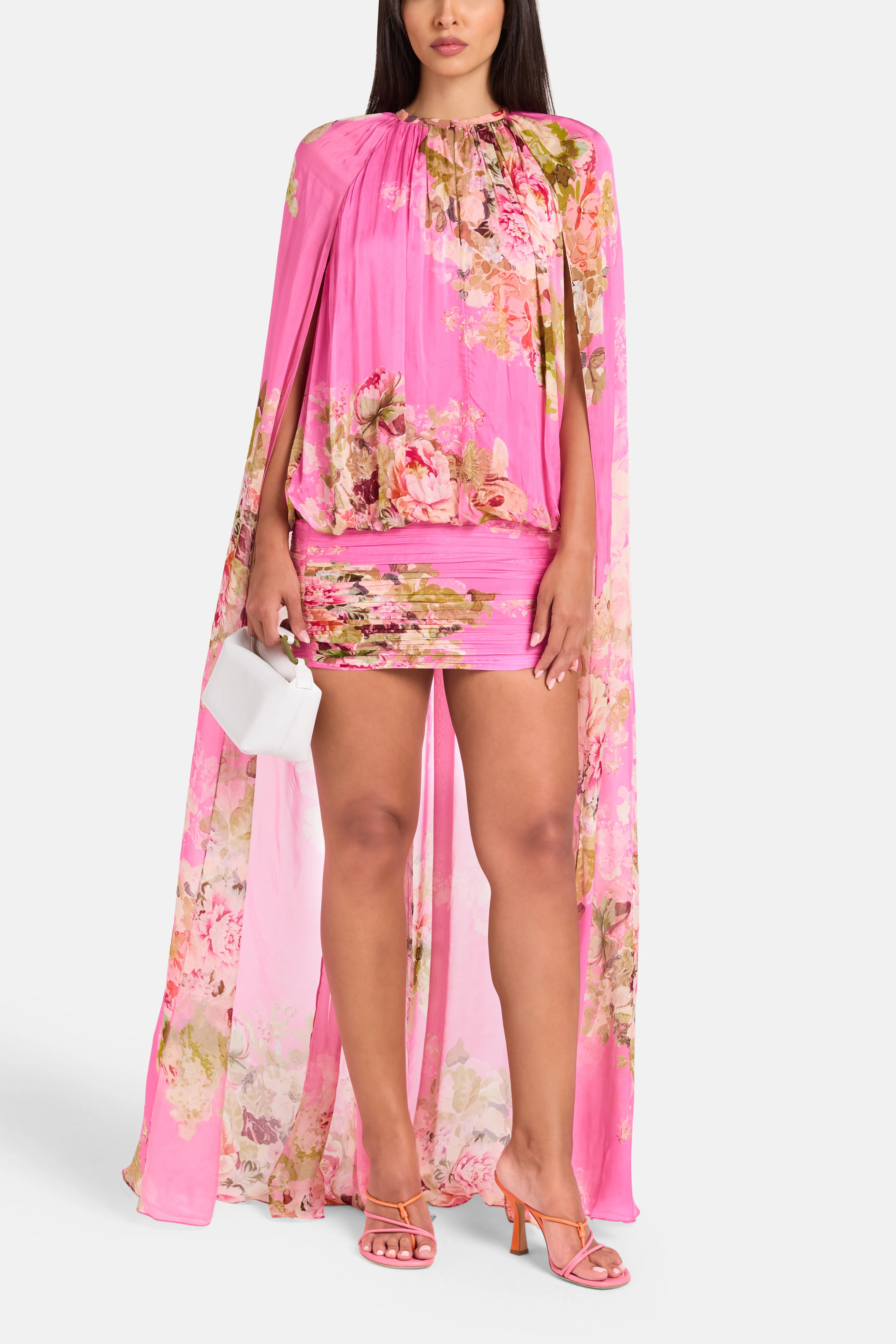 Ruched Cape Floral Mini Dress in Pink