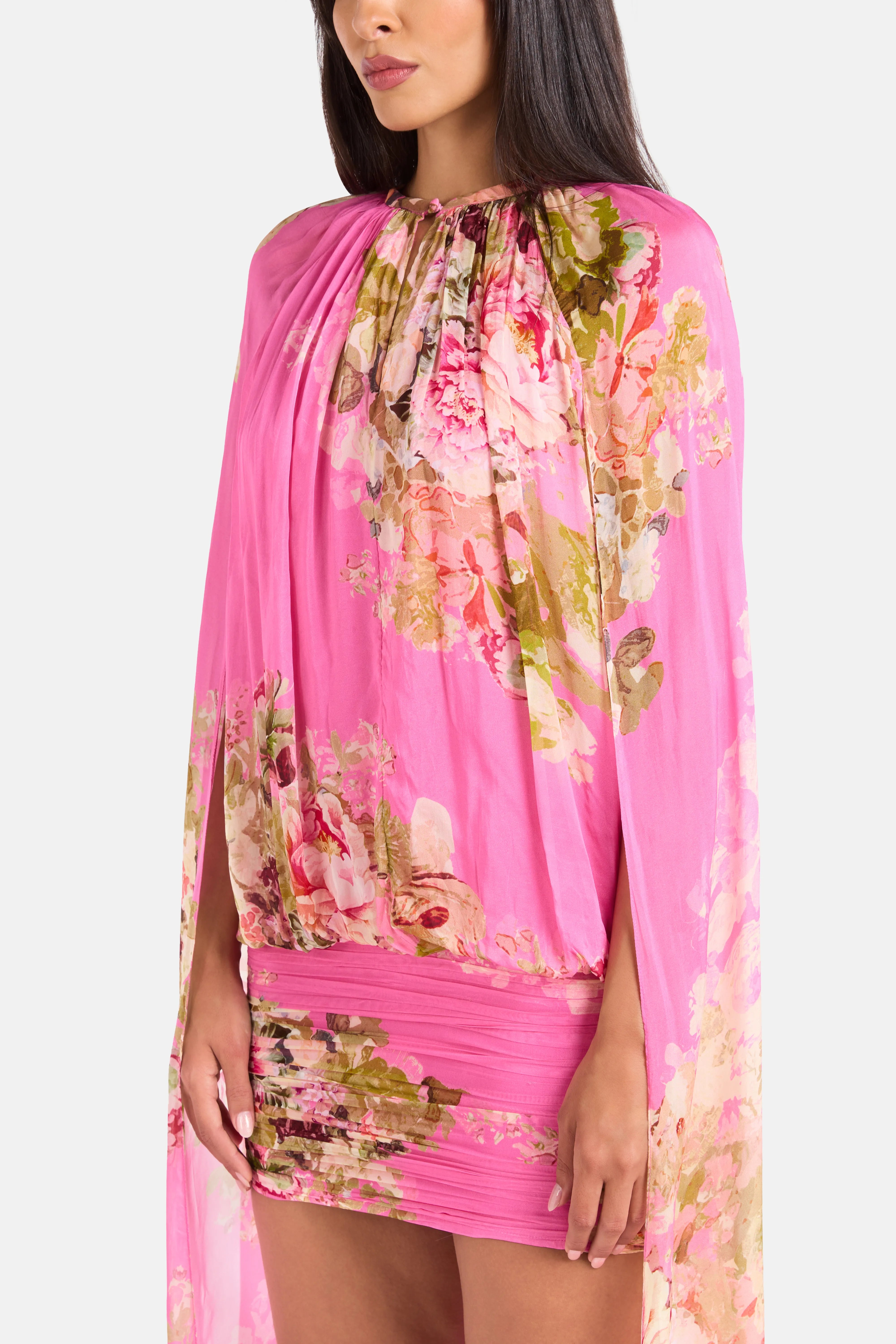 Ruched Cape Floral Mini Dress in Pink