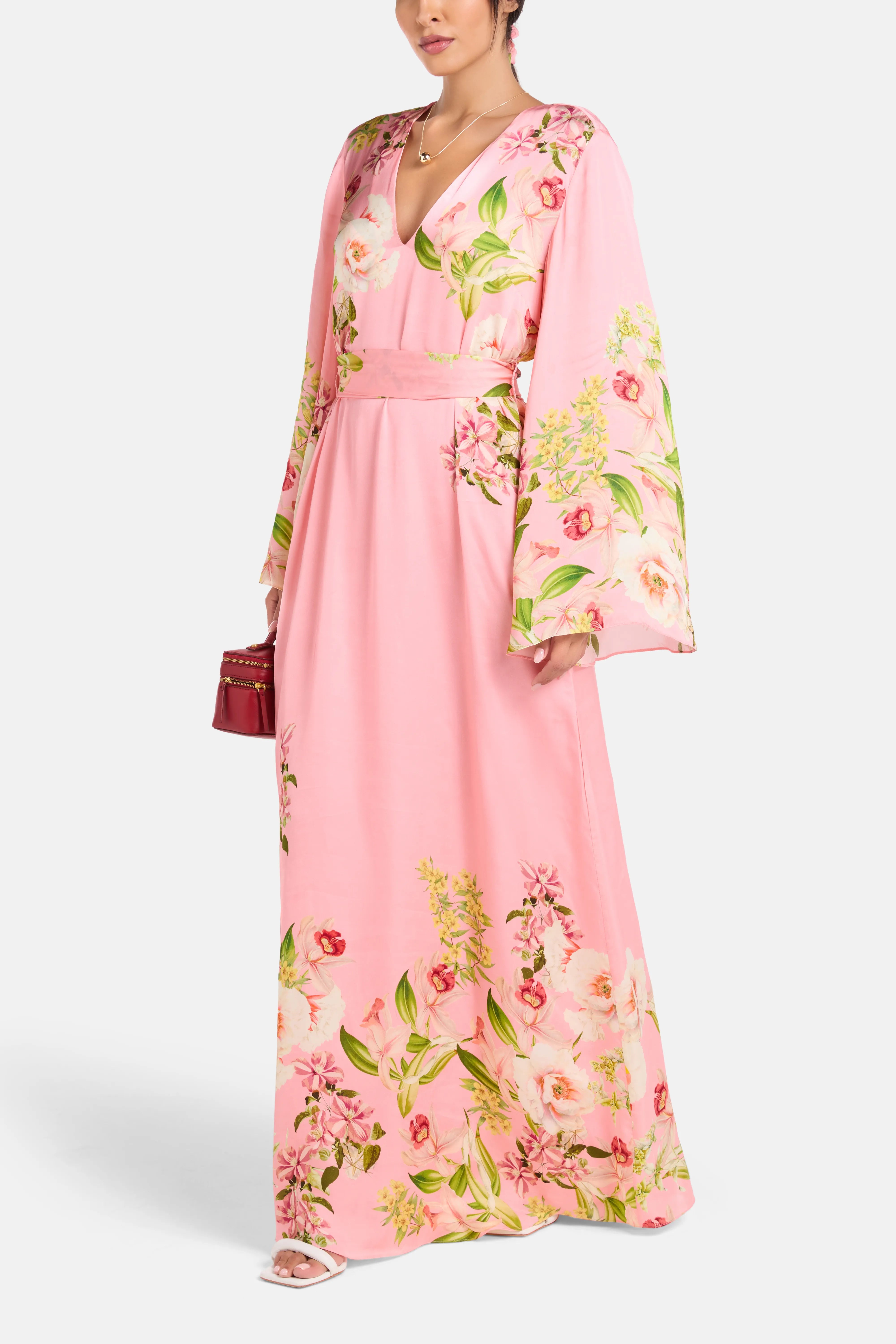 Floral Belted Maxi Kaftan in Pink
