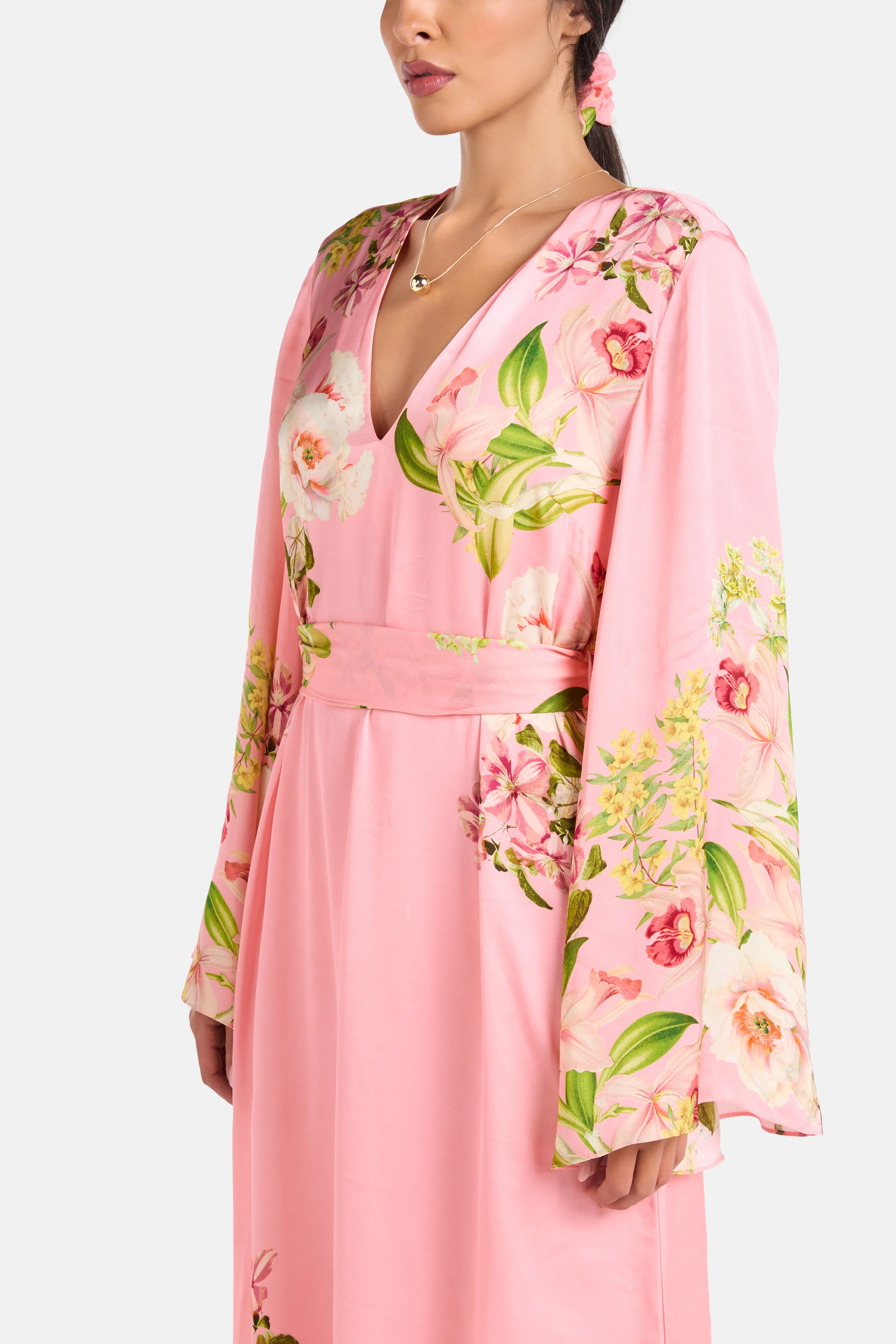 Floral Belted Maxi Kaftan in Pink