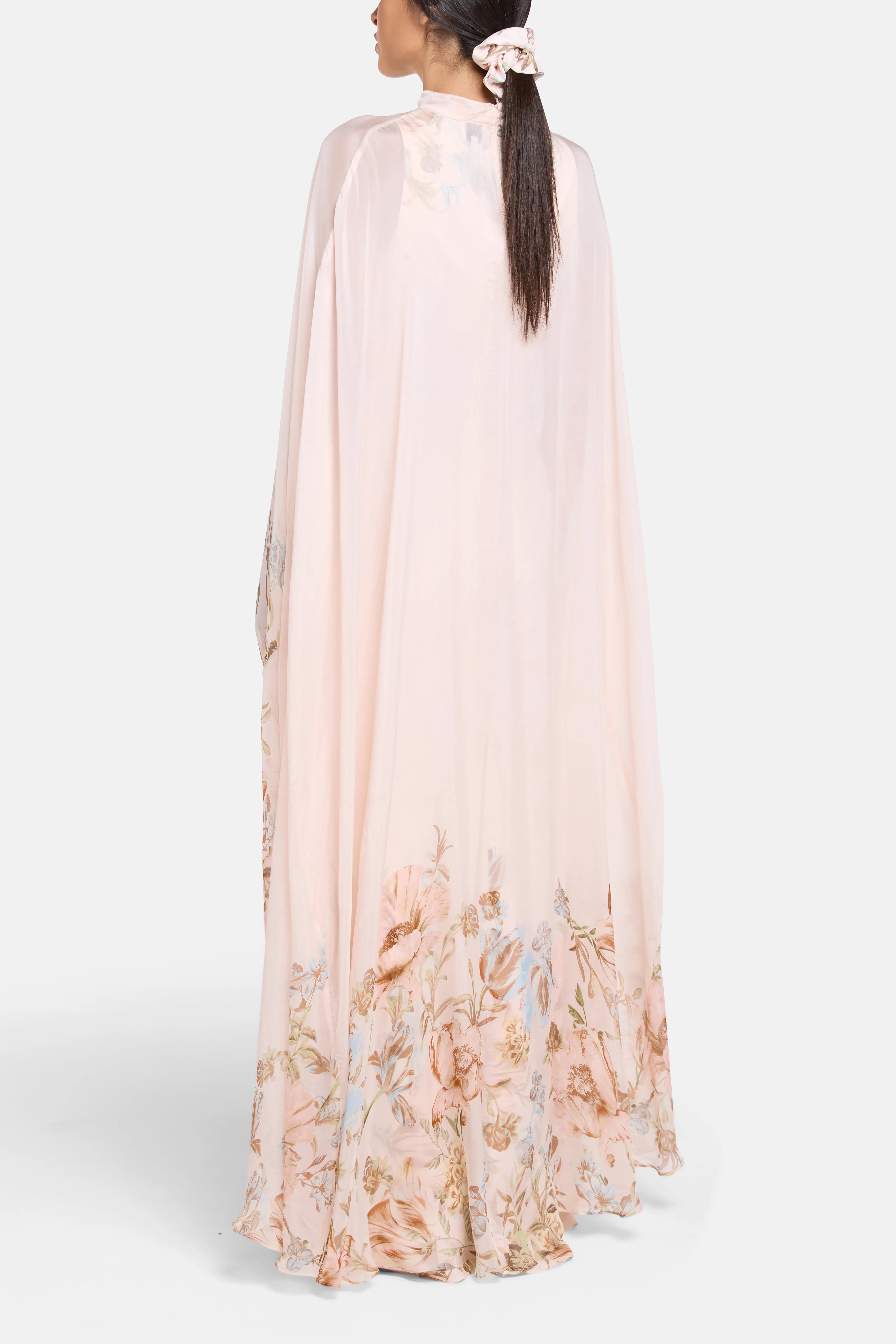 Bias Floral Cape Maxi Dress in Beige