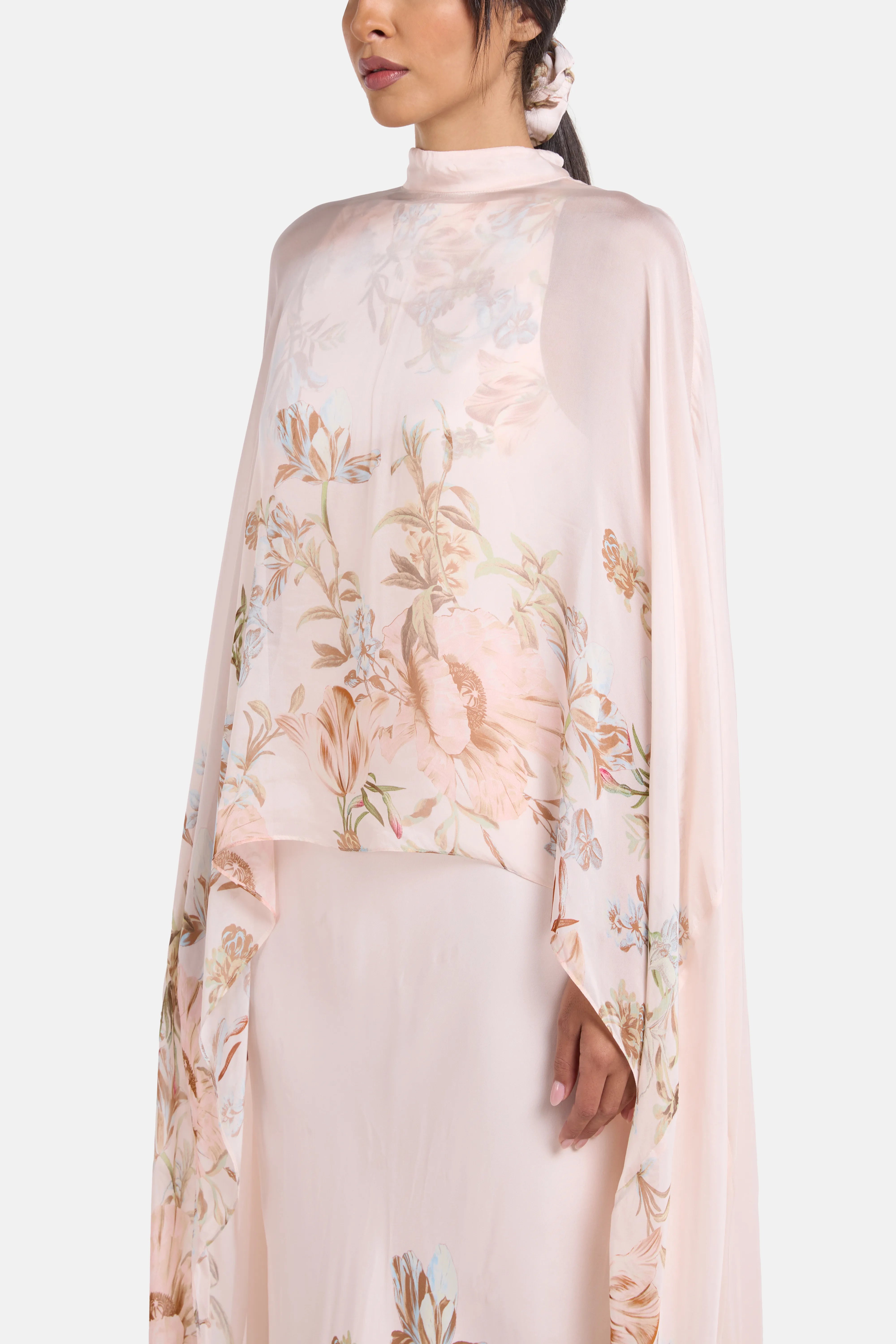 Bias Floral Cape Maxi Dress in Beige