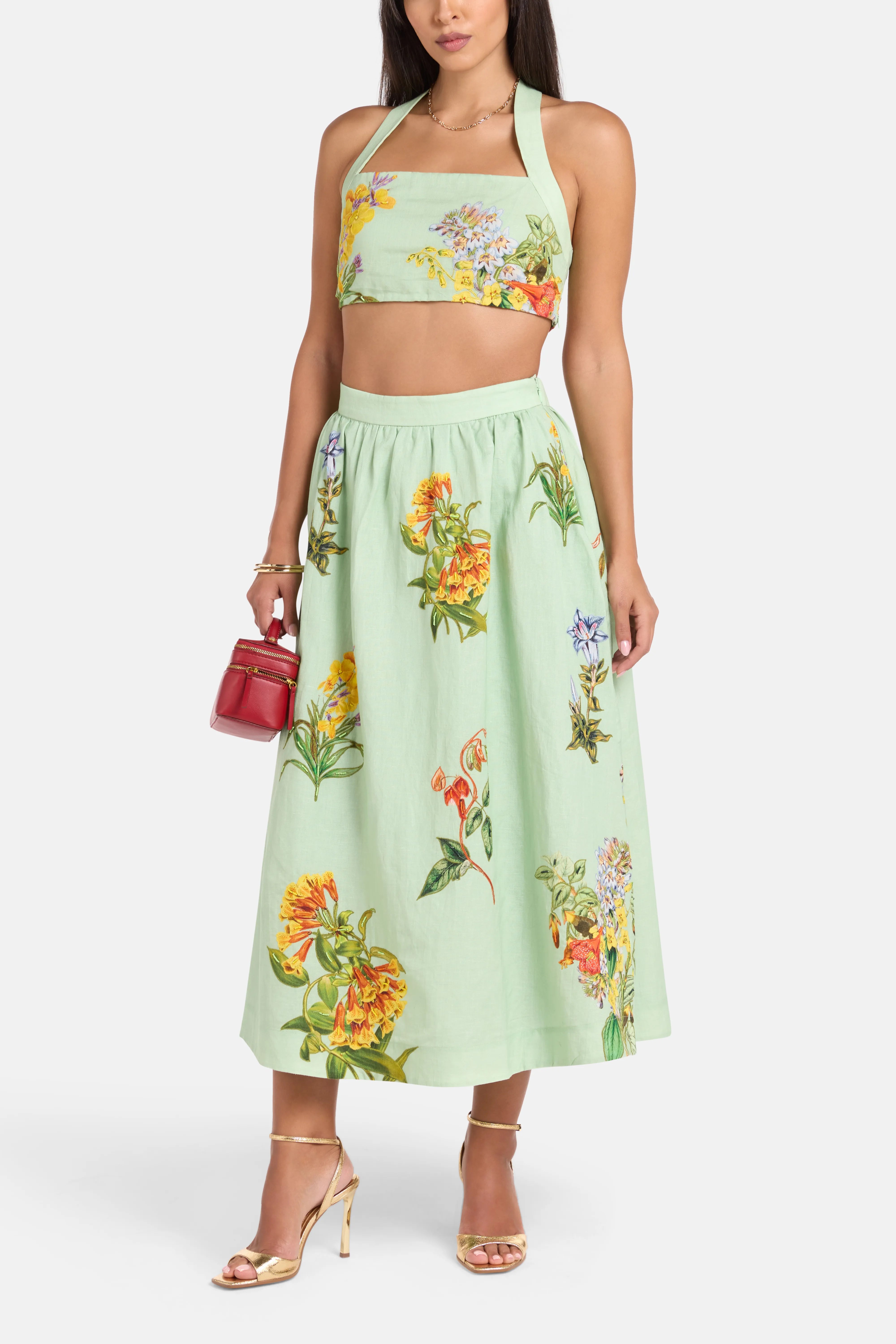 Baku Floral Linen Cotton Midi Skirt in Green