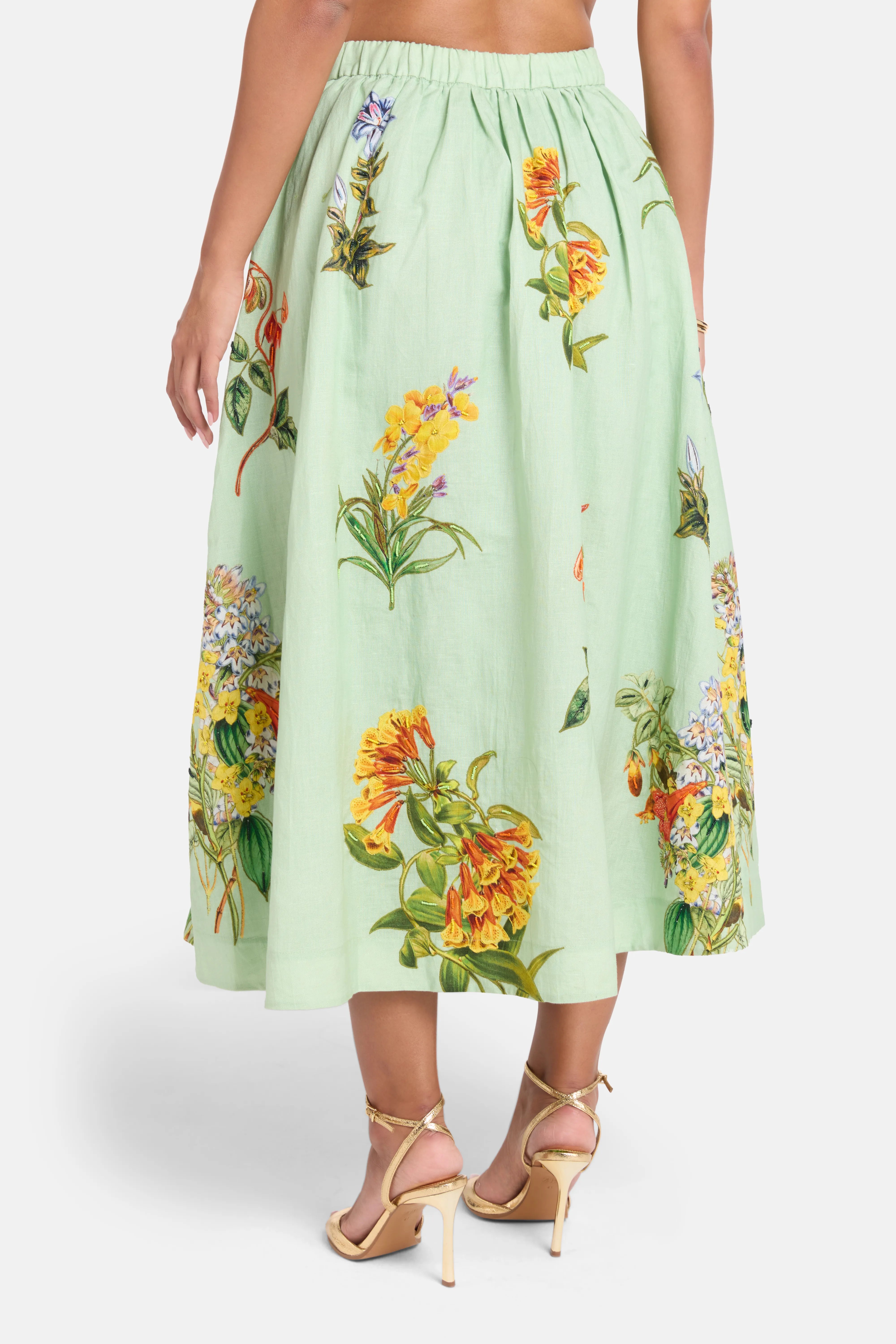 Baku Floral Linen Cotton Midi Skirt in Green