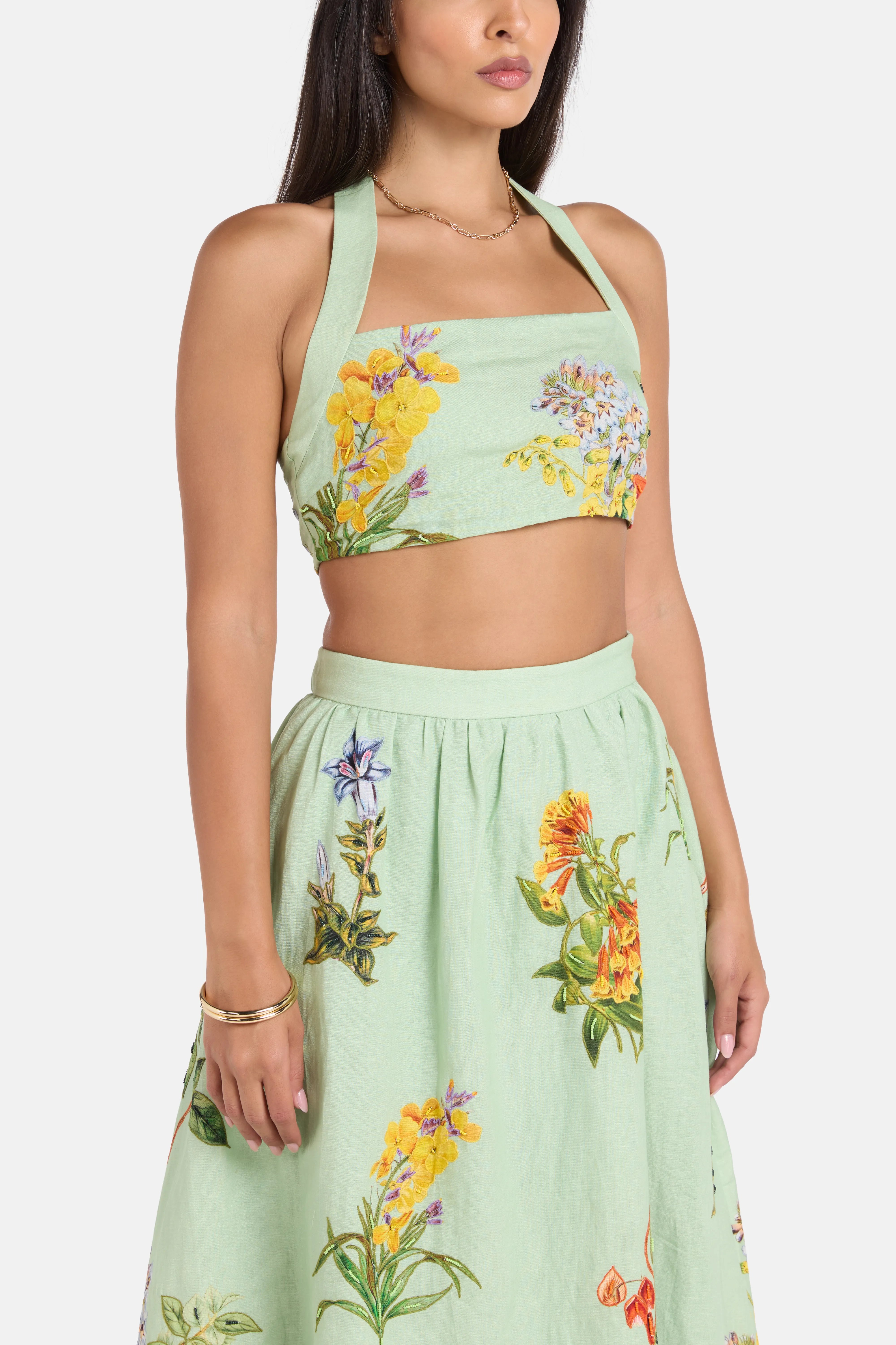 Baku Floral Sleeveless Linen Cotton Crop Top in Green