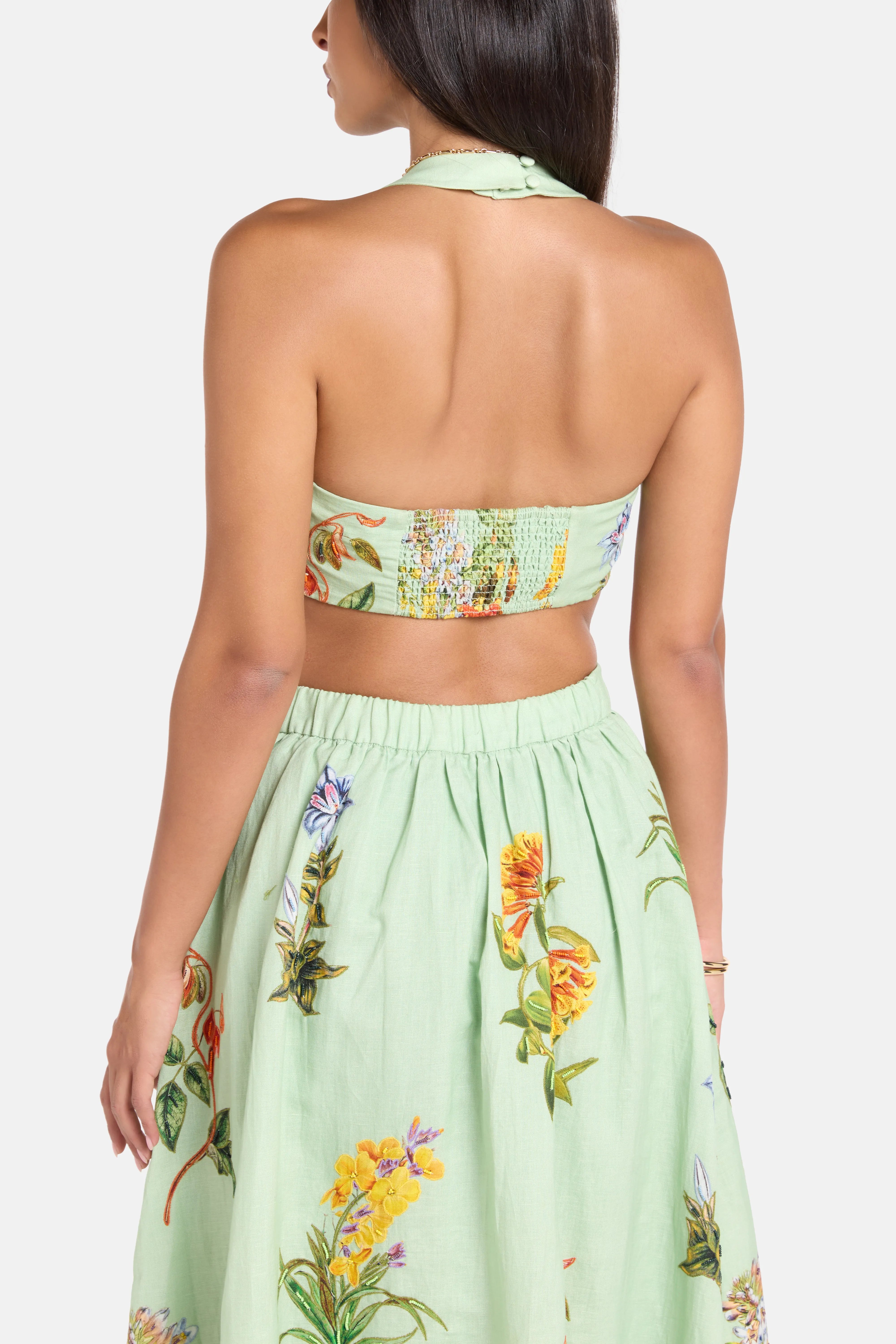 Baku Floral Sleeveless Linen Cotton Crop Top in Green