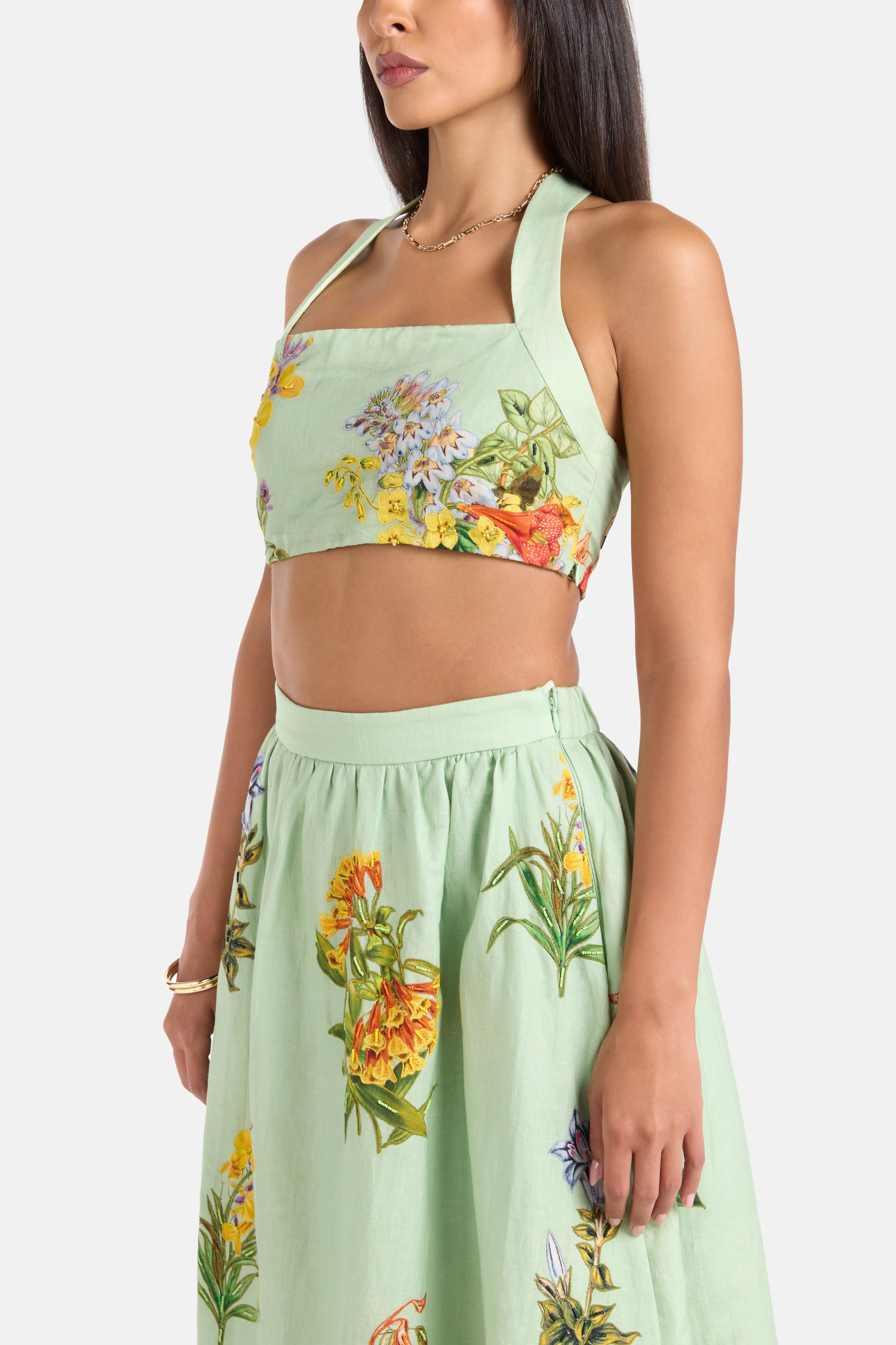 Baku Floral Sleeveless Linen Cotton Crop Top in Green