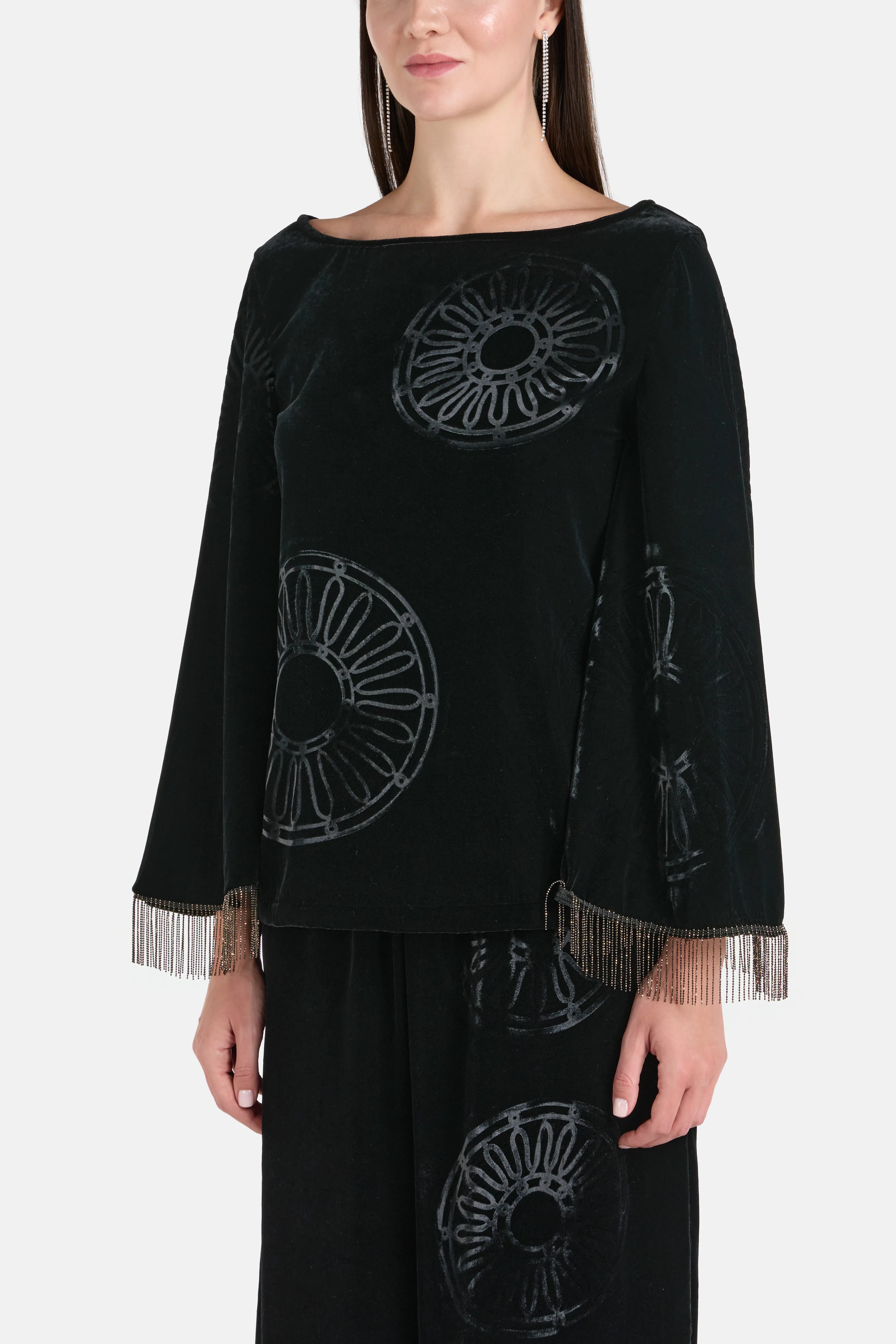 Kyma Silk Velvet Blend Embellished Open Back Blouse in Black
