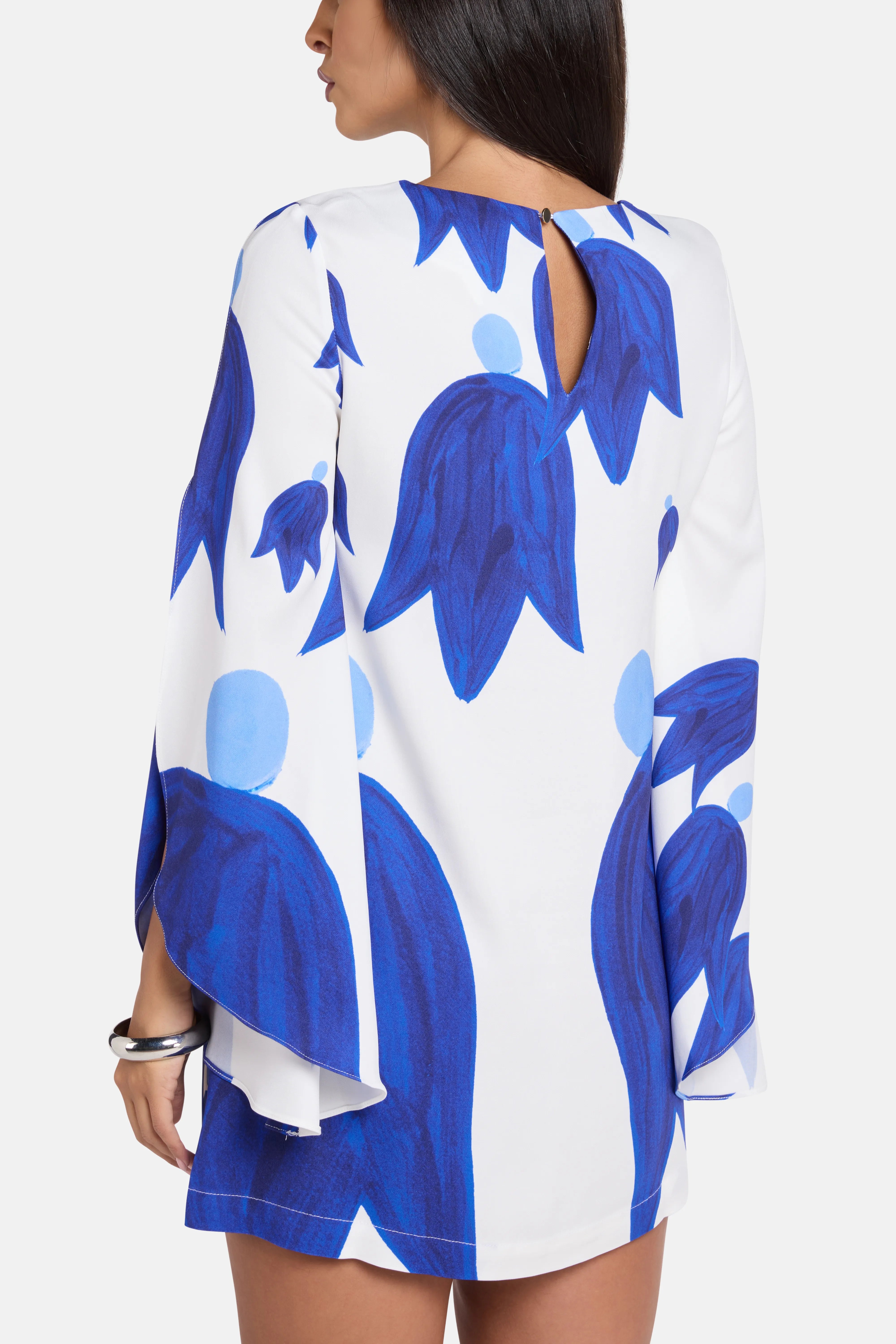Theano Sabra Cape Sleeves Silk Mini Dress in Blue and White