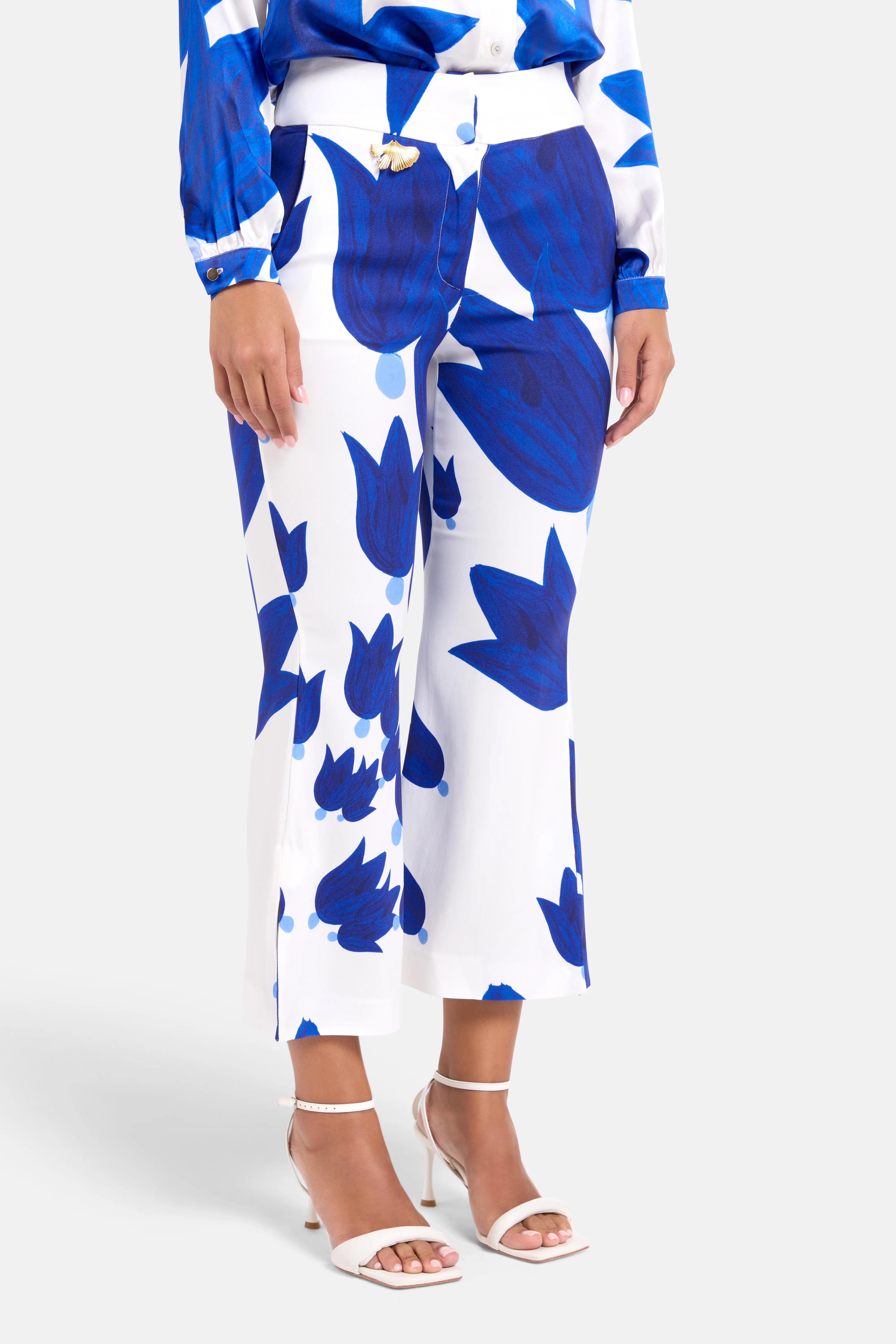 Theano Sabra Silk Wide Legged Trousers in Blue and White