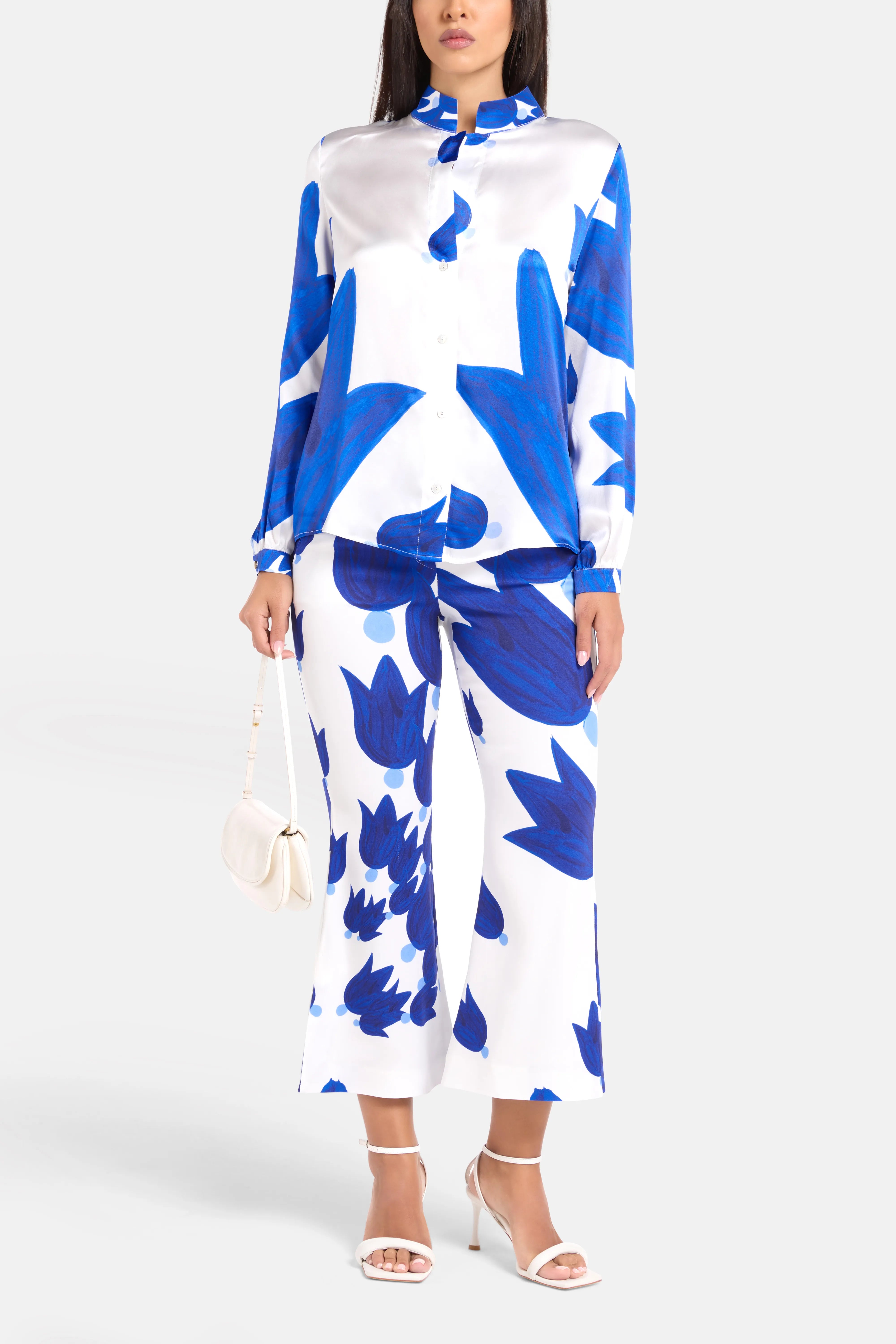 Theano Sabra Silk Wide Legged Trousers in Blue and White