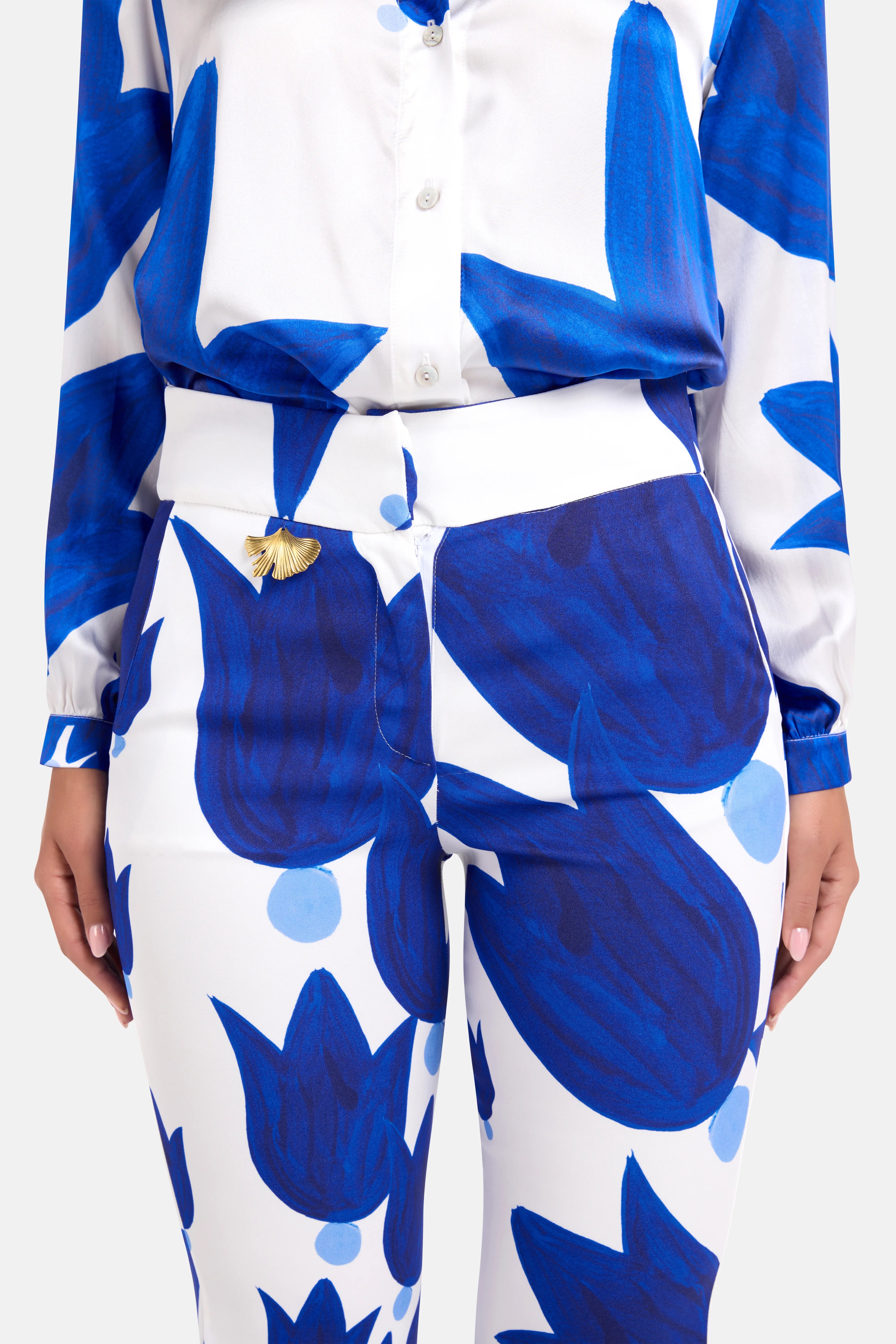 Theano Sabra Silk Wide Legged Trousers in Blue and White
