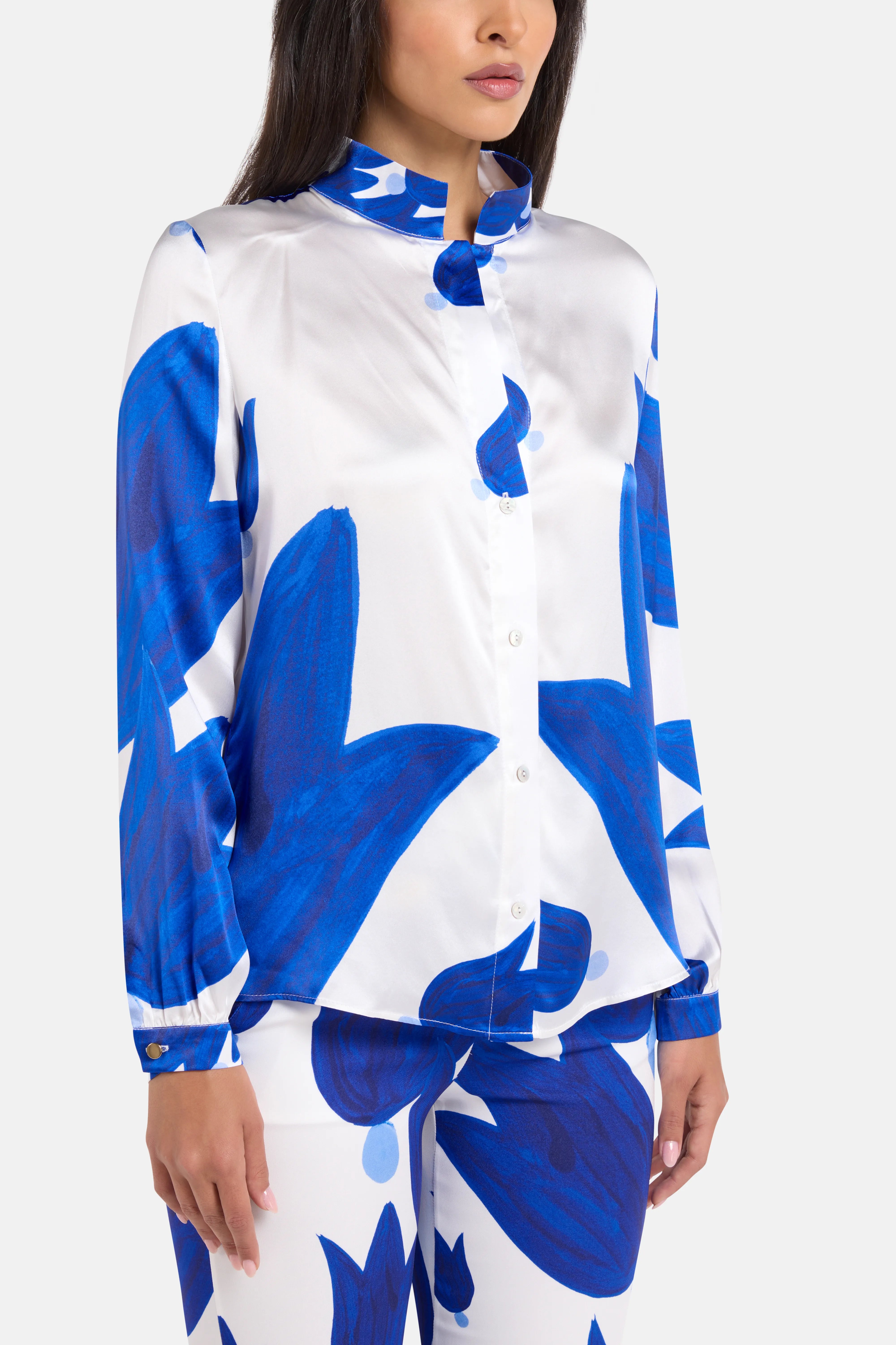 Theano Button Up Silk Shirt in White and Blue