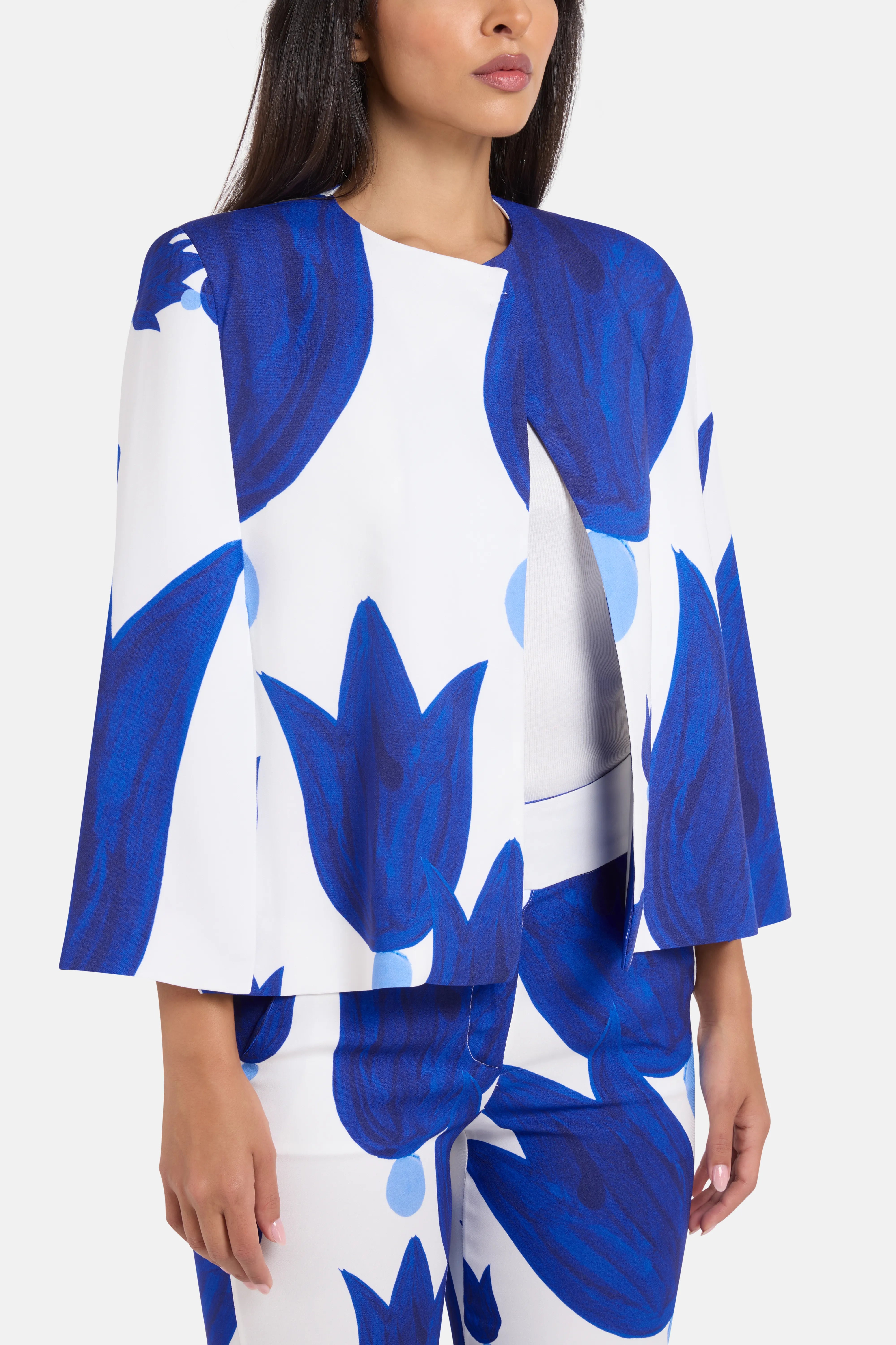 Theano Patterned Cape Coat in Blue and White