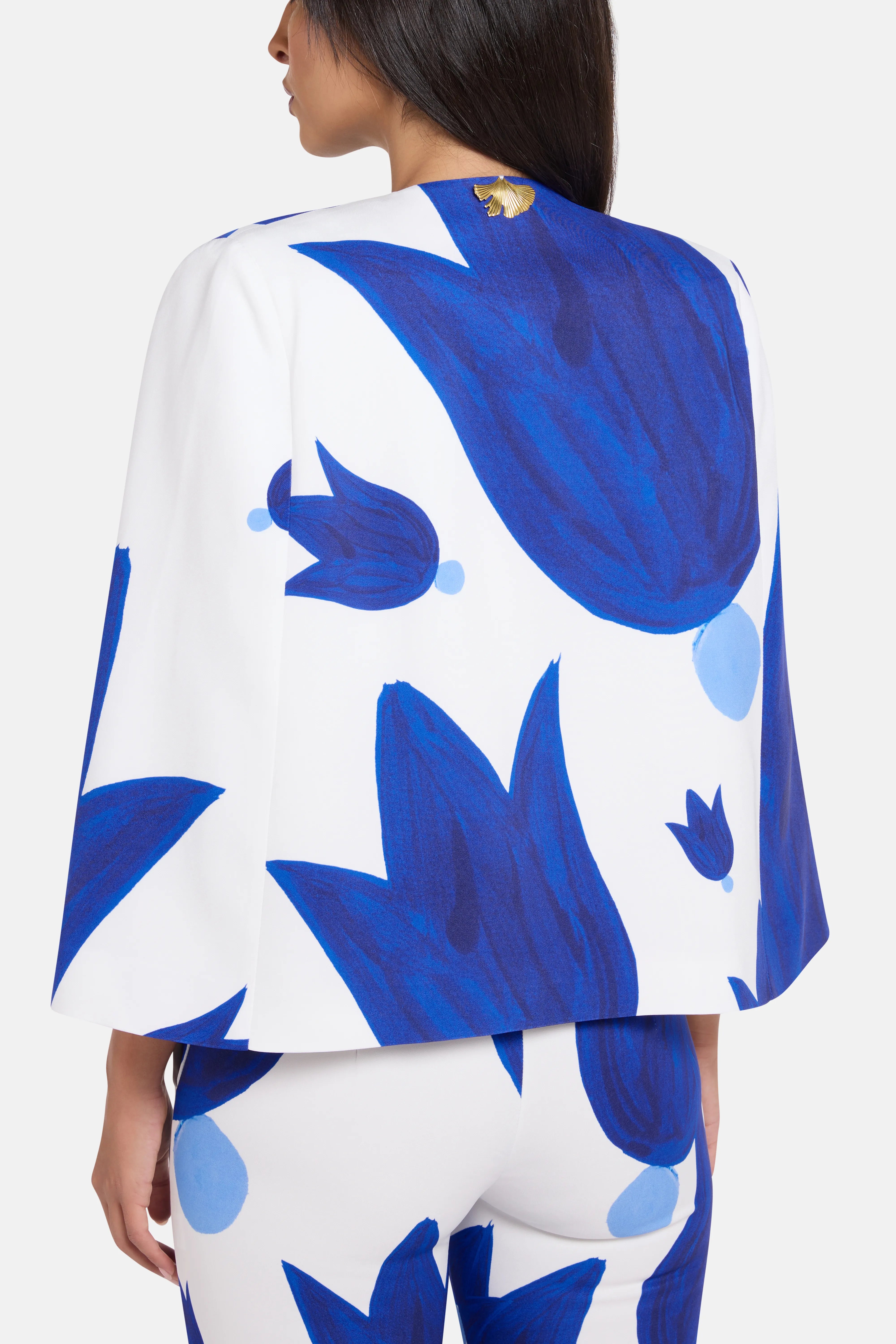 Theano Patterned Cape Coat in Blue and White
