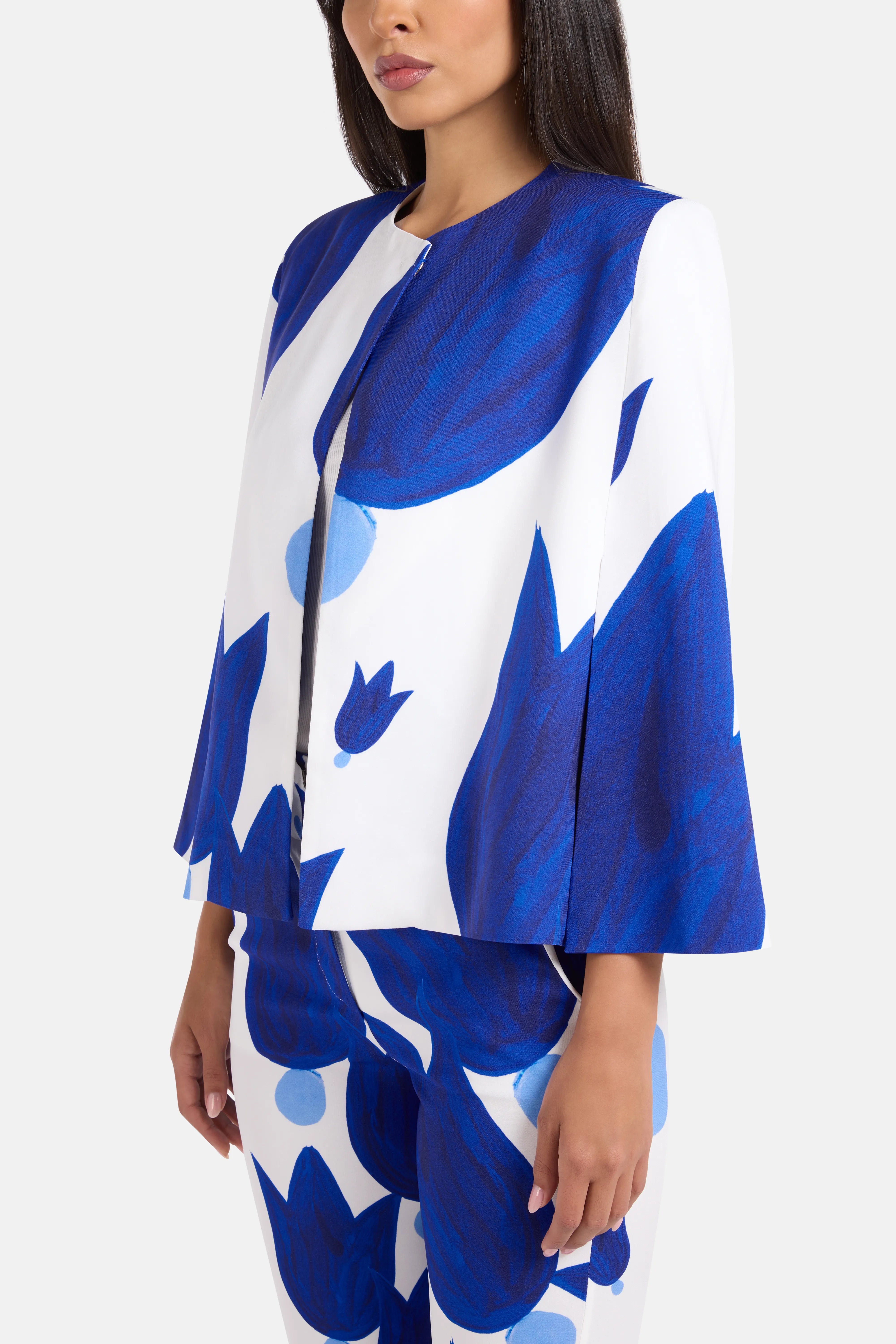 Theano Patterned Cape Coat in Blue and White