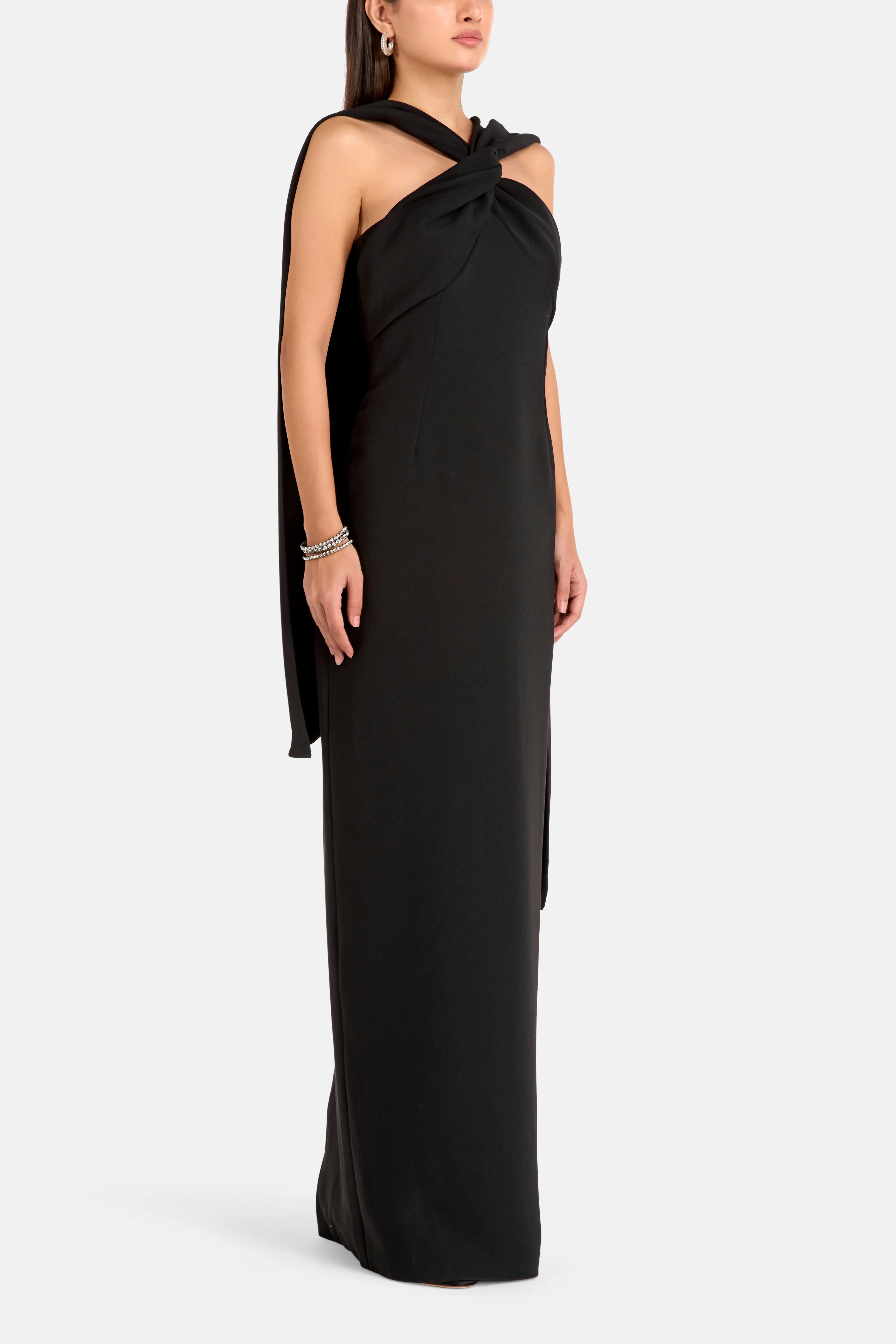 Rona Halter Neck Sleeveless Evening Dress in Black with Scarf