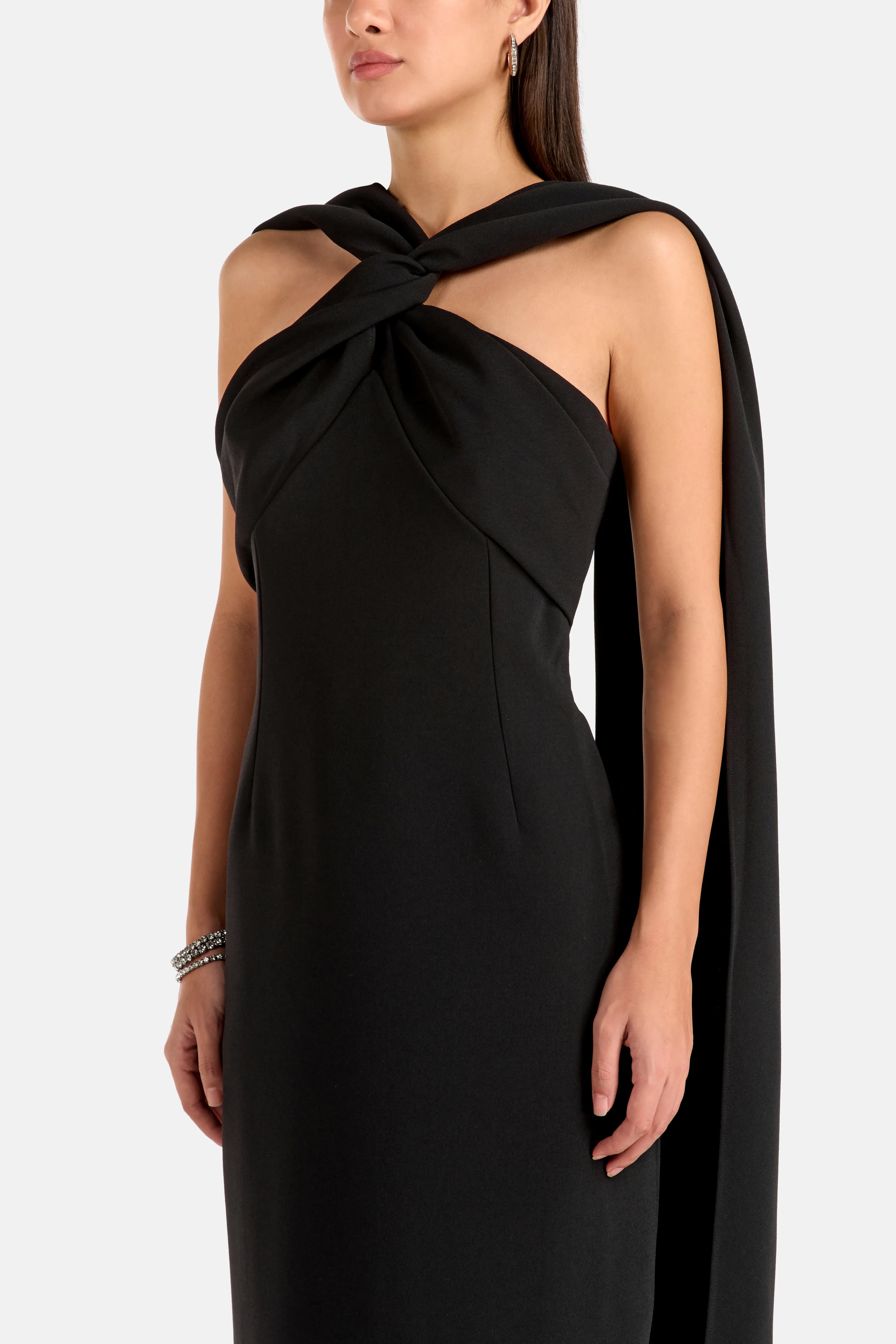 Rona Halter Neck Sleeveless Evening Dress in Black with Scarf