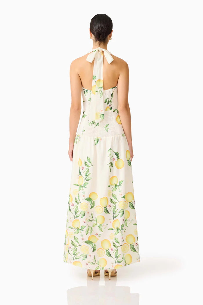 Hana Halter Lemon Printed Sleeveless Maxi Dress in Yellow