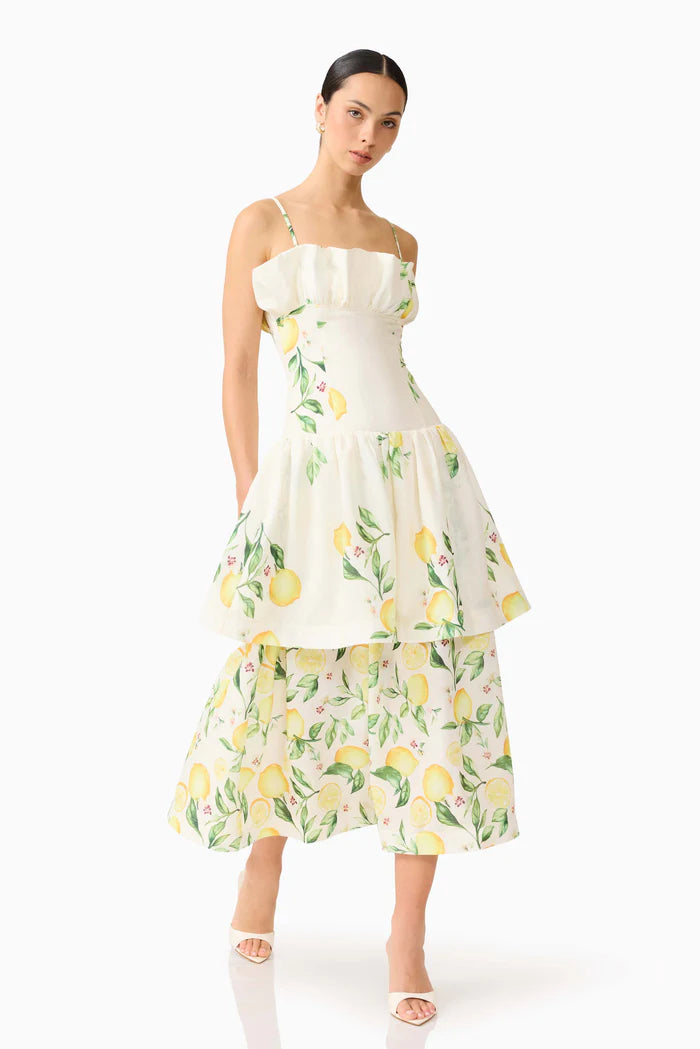 Hana Tiered Lemon Printed Sleeveless Maxi Dress in Yellow