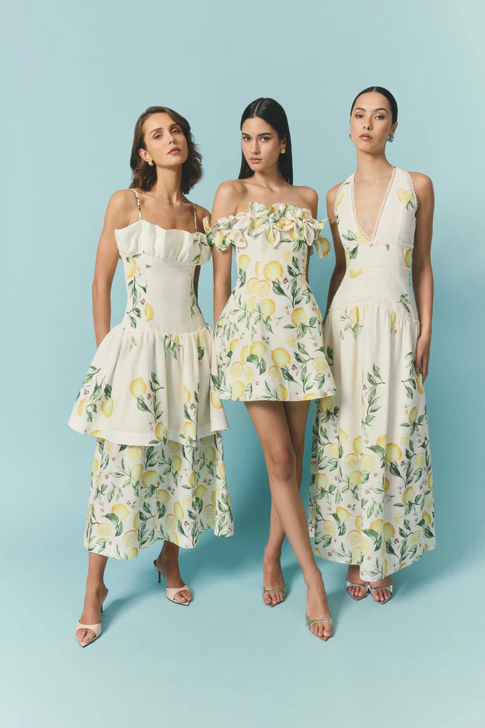 Hana Tiered Lemon Printed Sleeveless Maxi Dress in Yellow