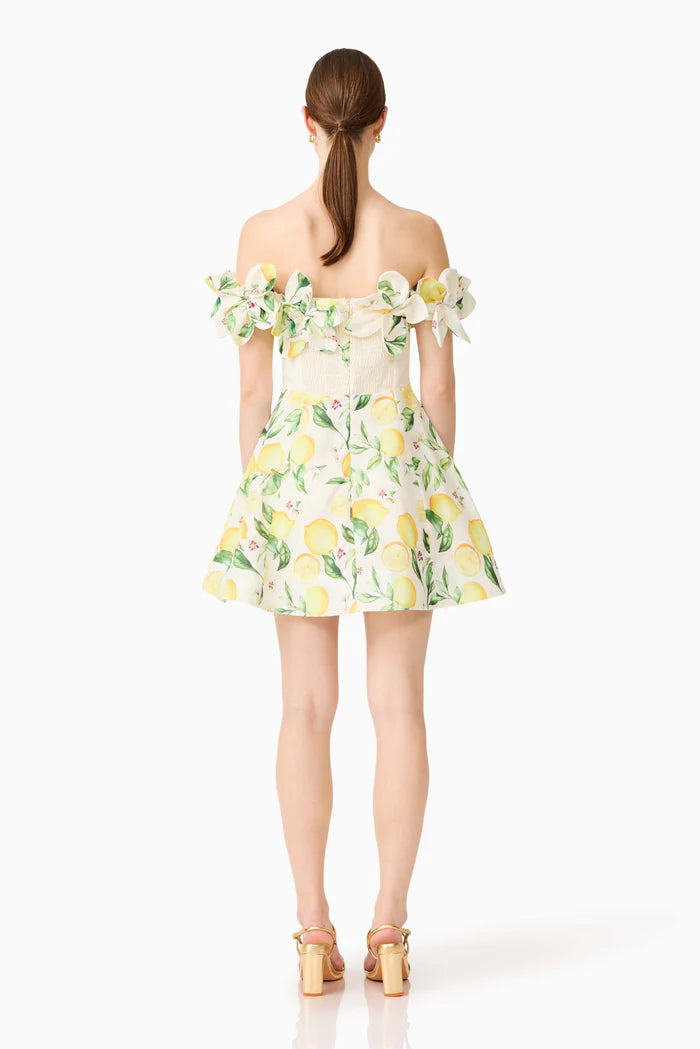 Hana Off Shoulder Lemon Printed Mini Dress in Yellow