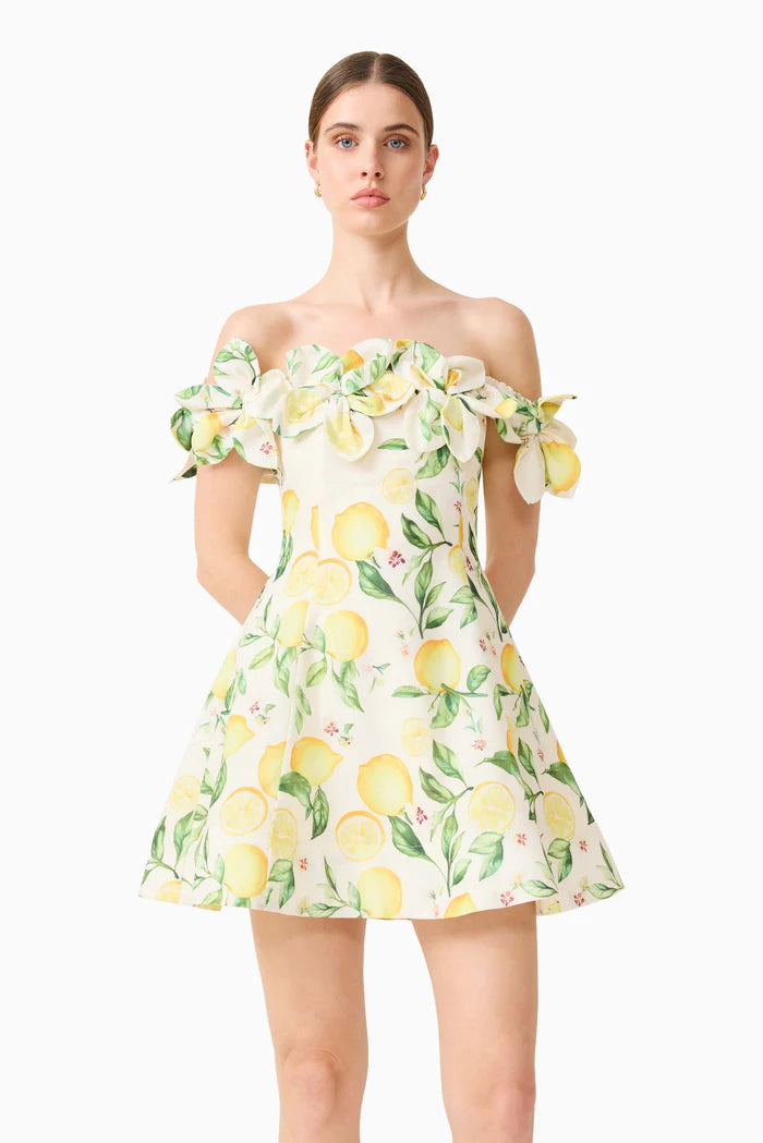 Hana Off Shoulder Lemon Printed Mini Dress in Yellow