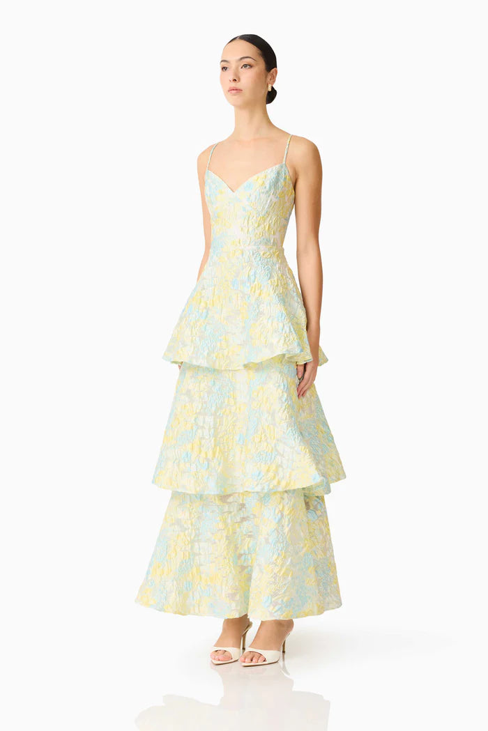 Penelope Tiered Floral Sleeveless Maxi Dress in Yellow