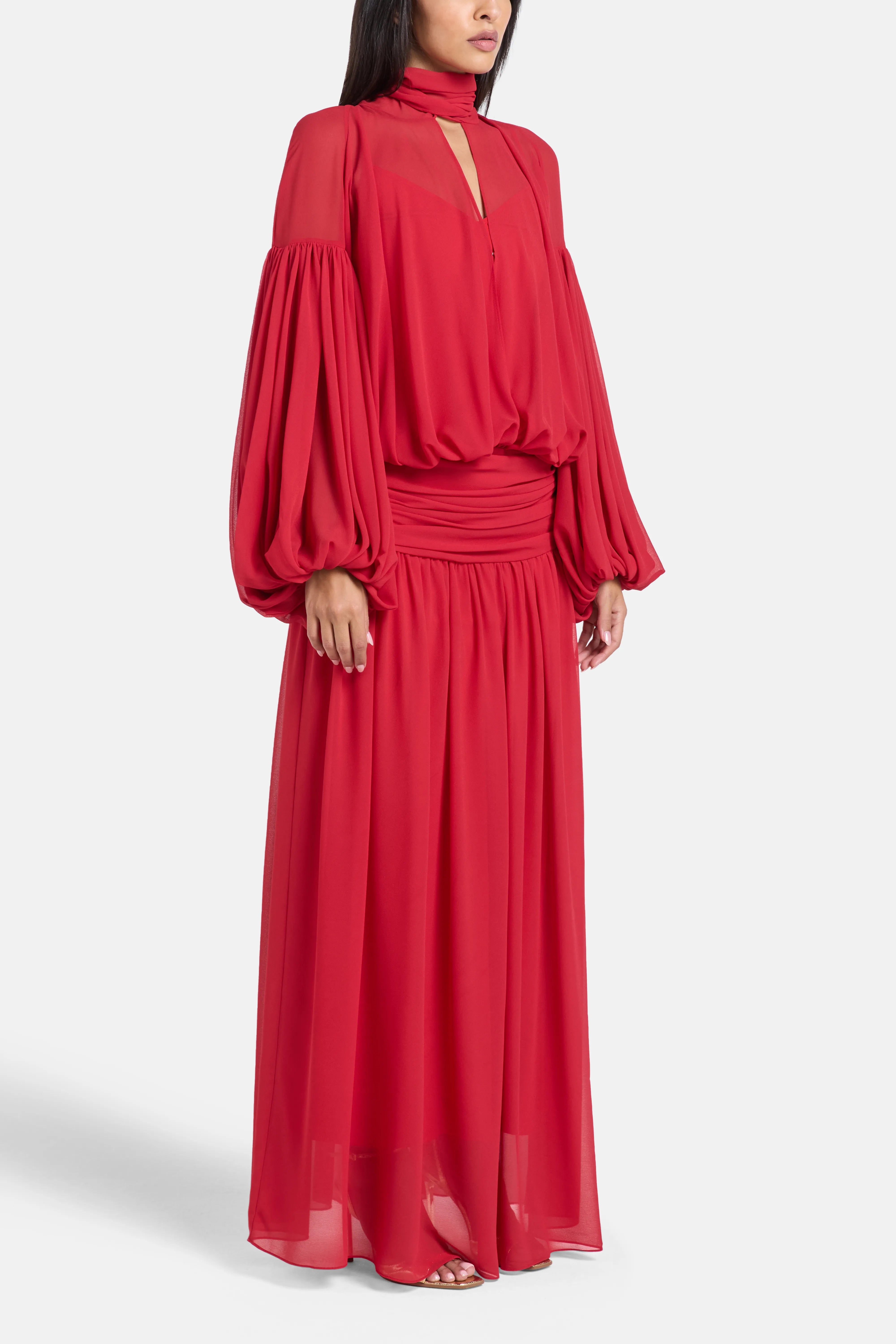 Solana Chiffon Maxi Dress in Red with Scarf