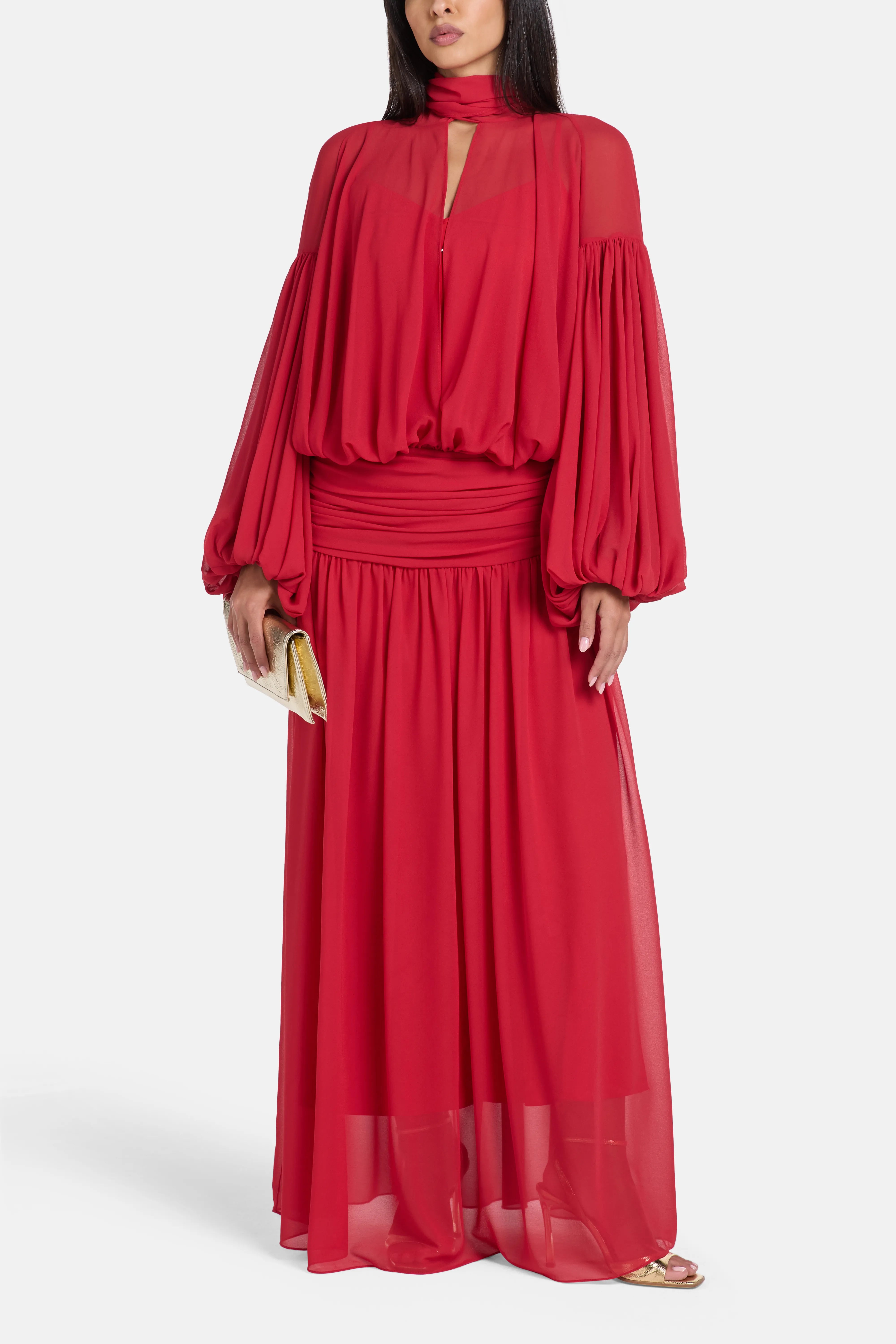 Solana Chiffon Maxi Dress in Red with Scarf