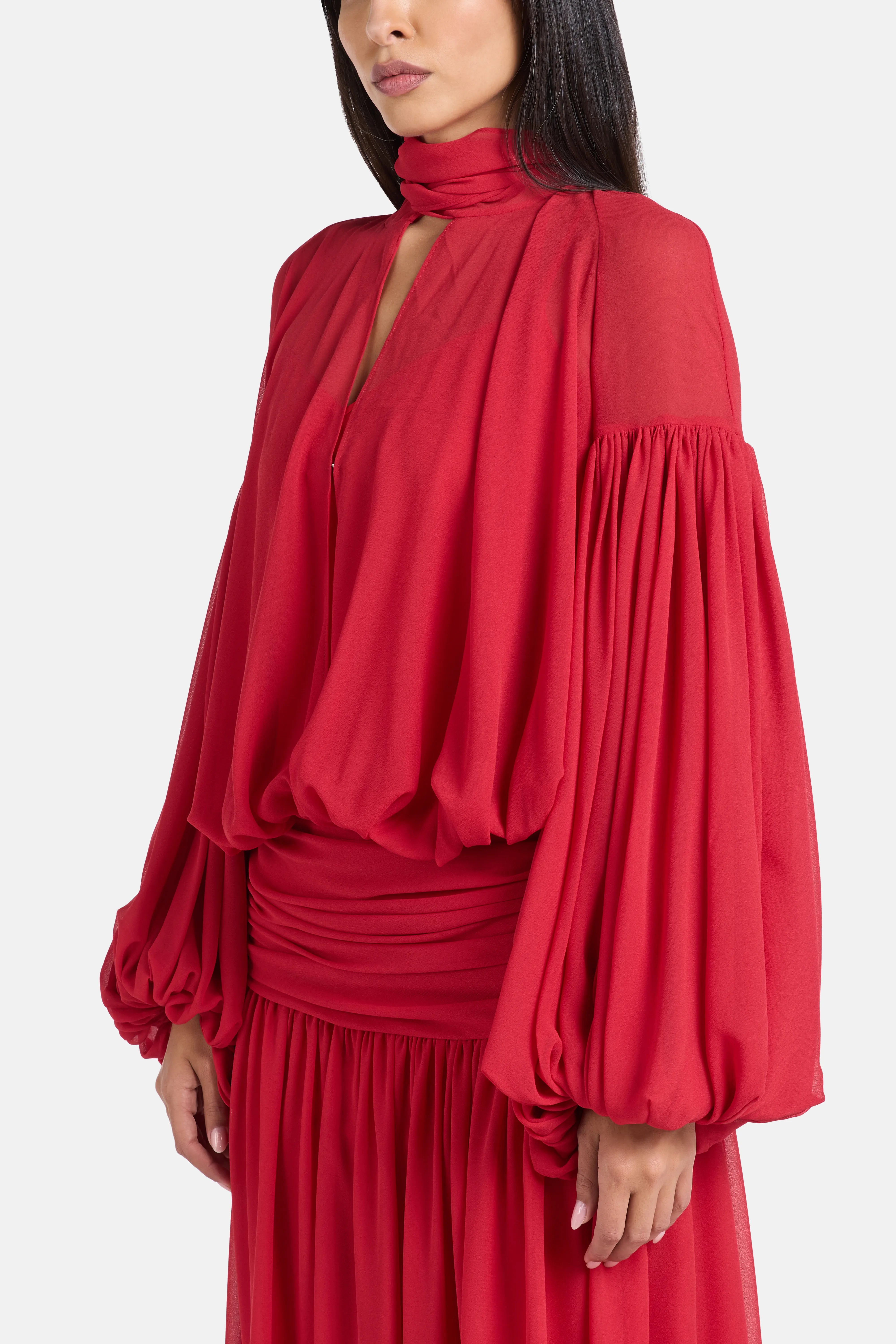 Solana Chiffon Maxi Dress in Red with Scarf