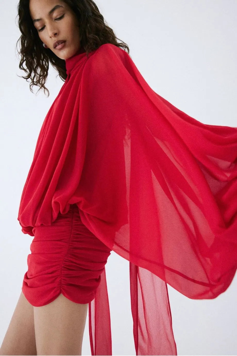 Maite Chiffon Mini Dress in Red with Scarf
