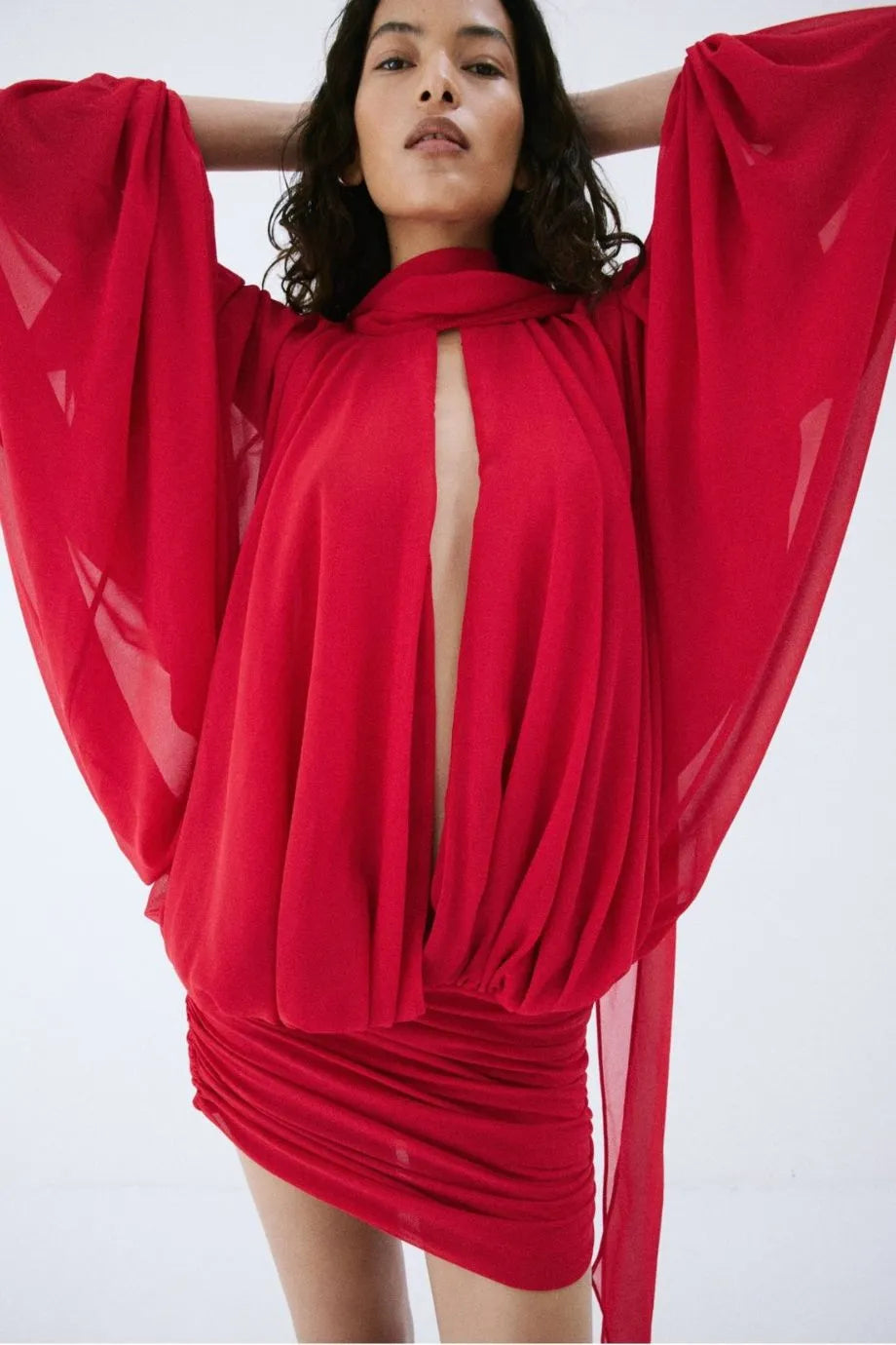 Maite Chiffon Mini Dress in Red with Scarf
