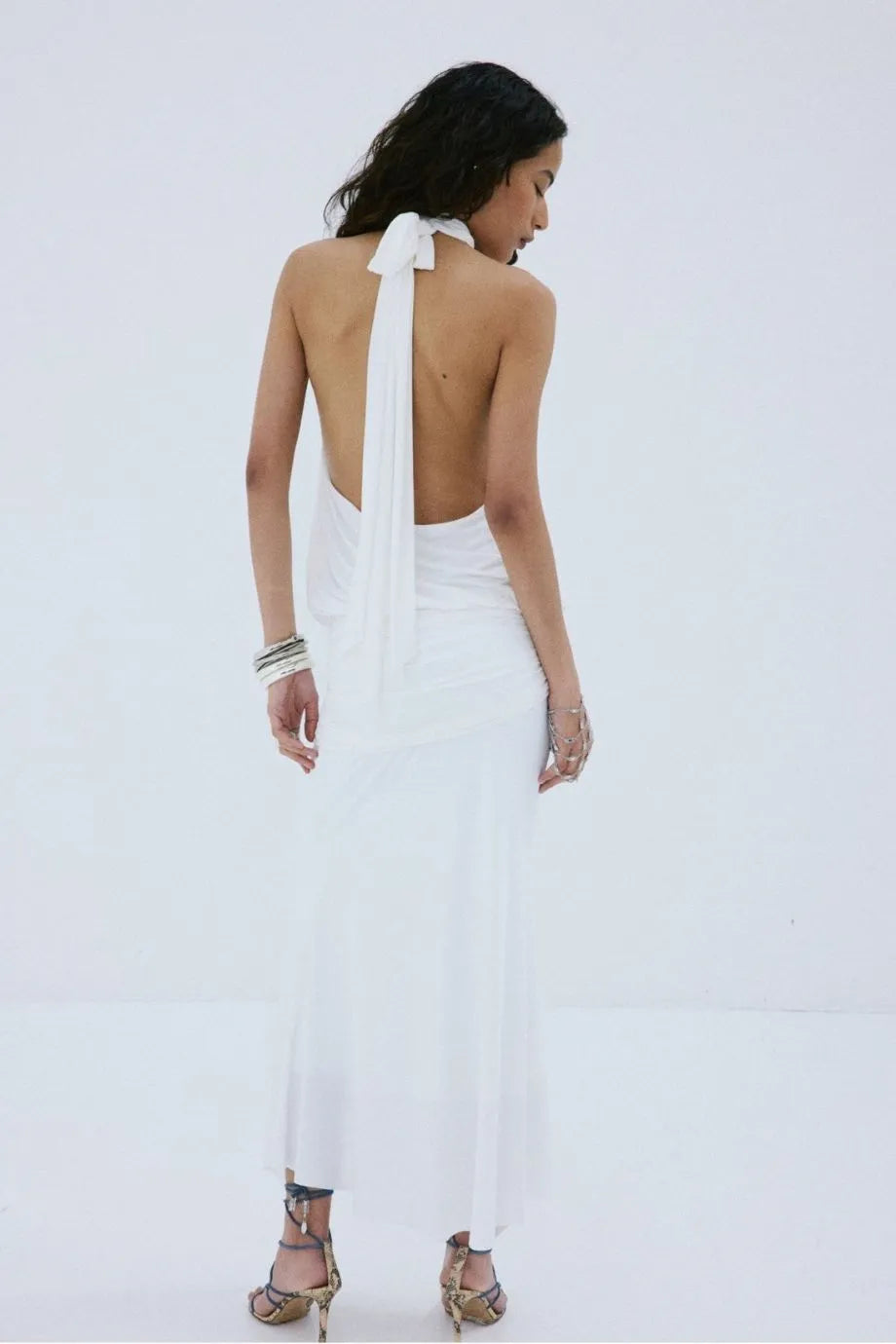 Vida Spandex Jersey Halter Neck Midi Dress in White