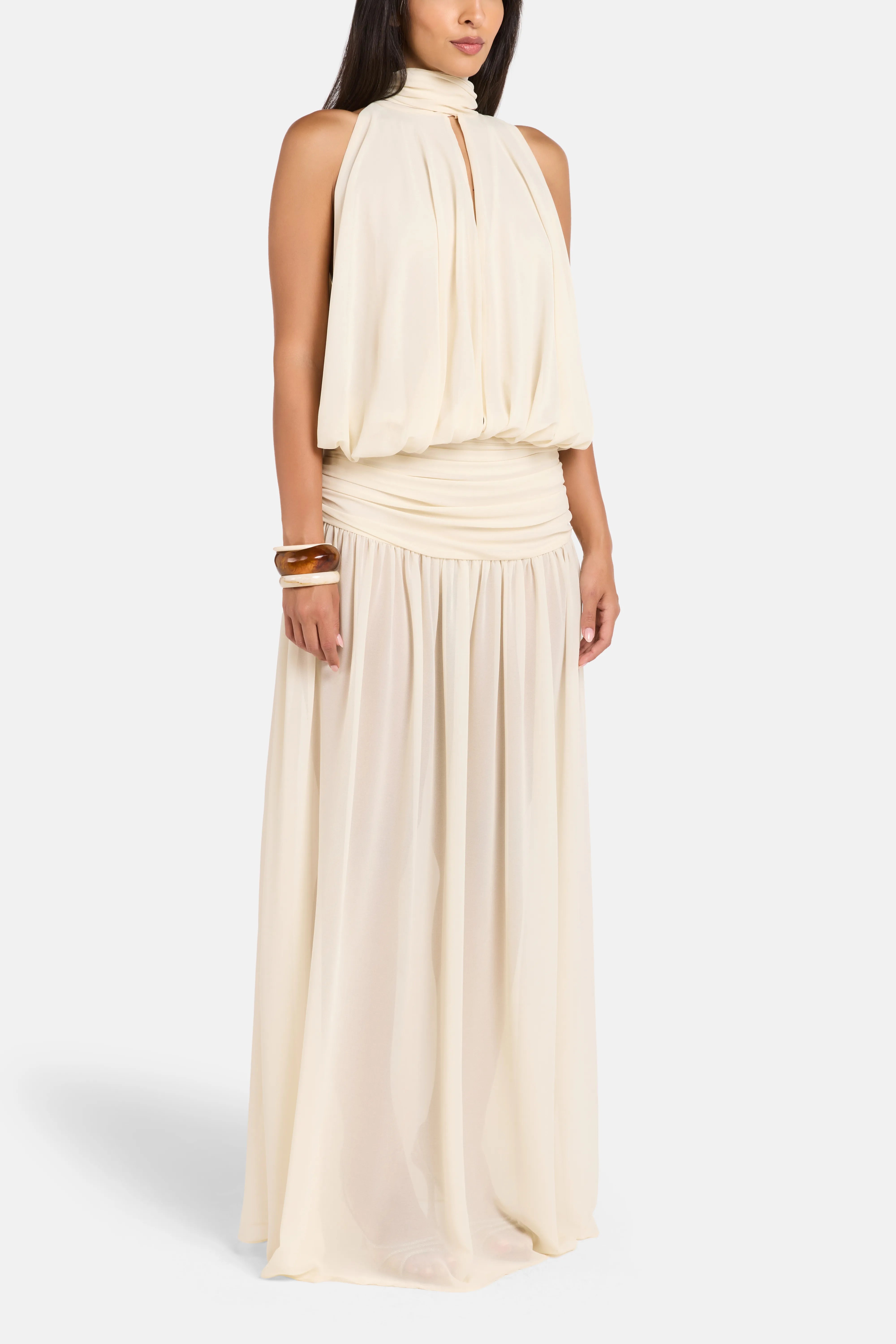 Cruz Chiffon Halter Neck Sleeveless Maxi Dress in White with Scarf