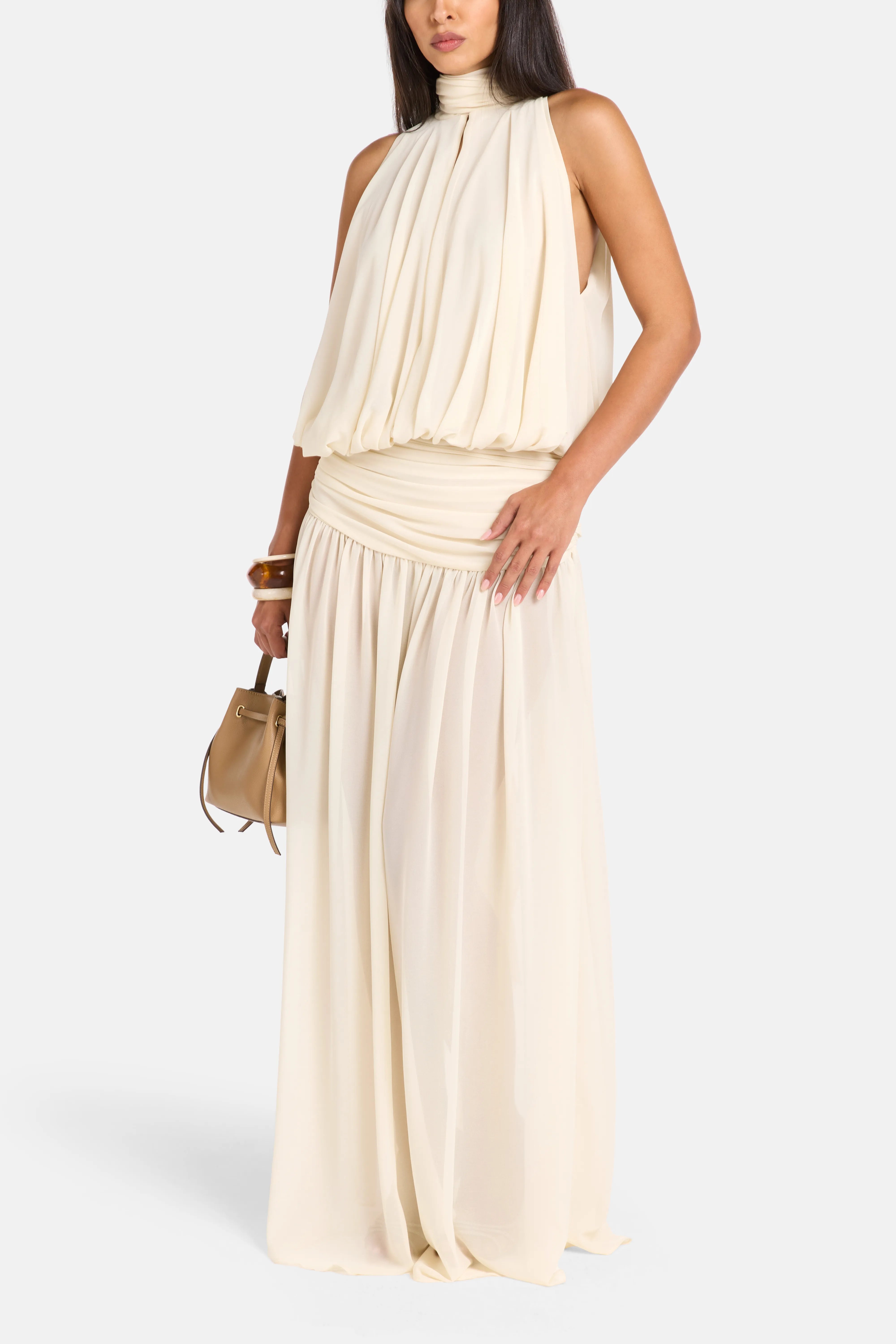 Cruz Chiffon Halter Neck Sleeveless Maxi Dress in White with Scarf