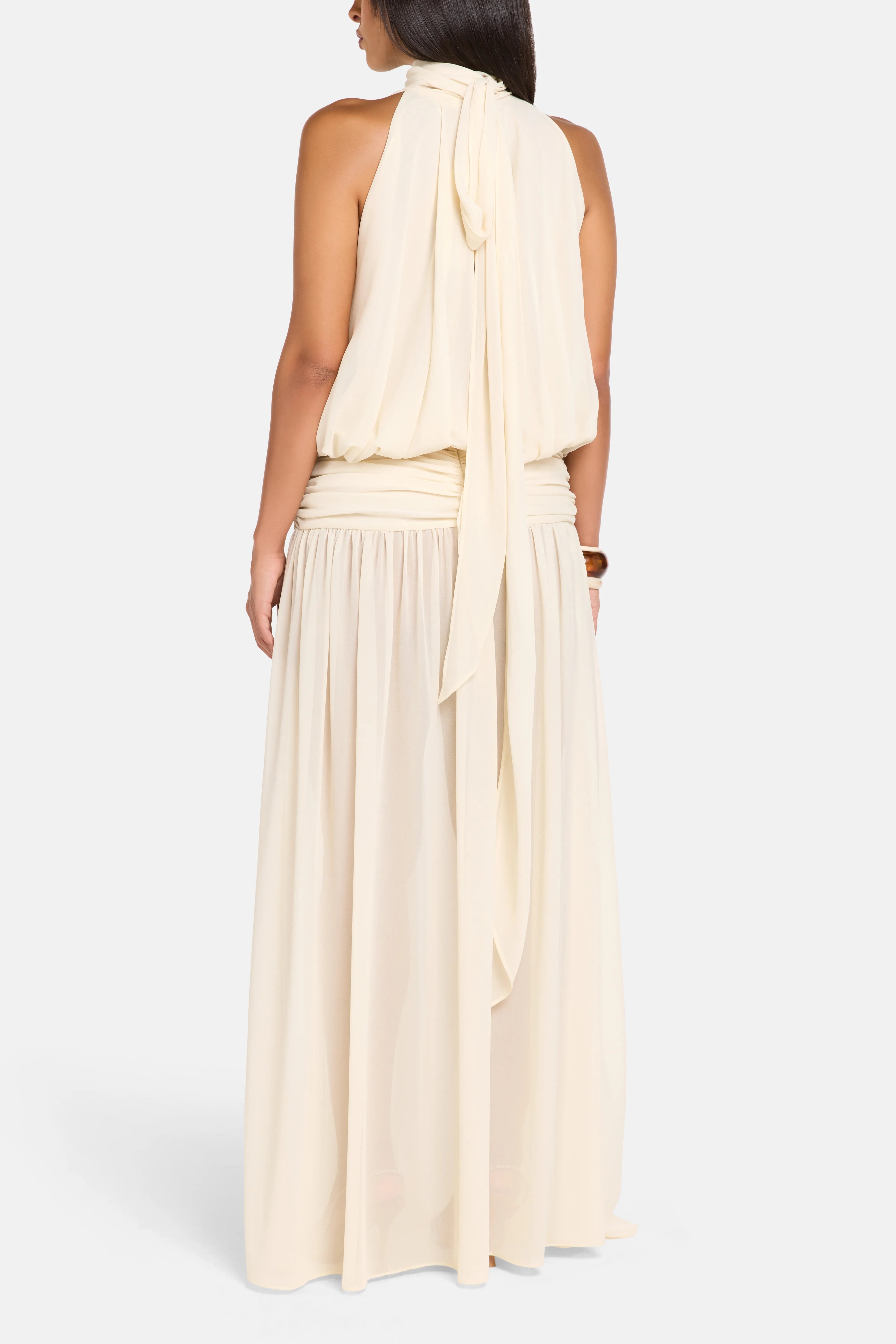 Cruz Chiffon Halter Neck Sleeveless Maxi Dress in White with Scarf
