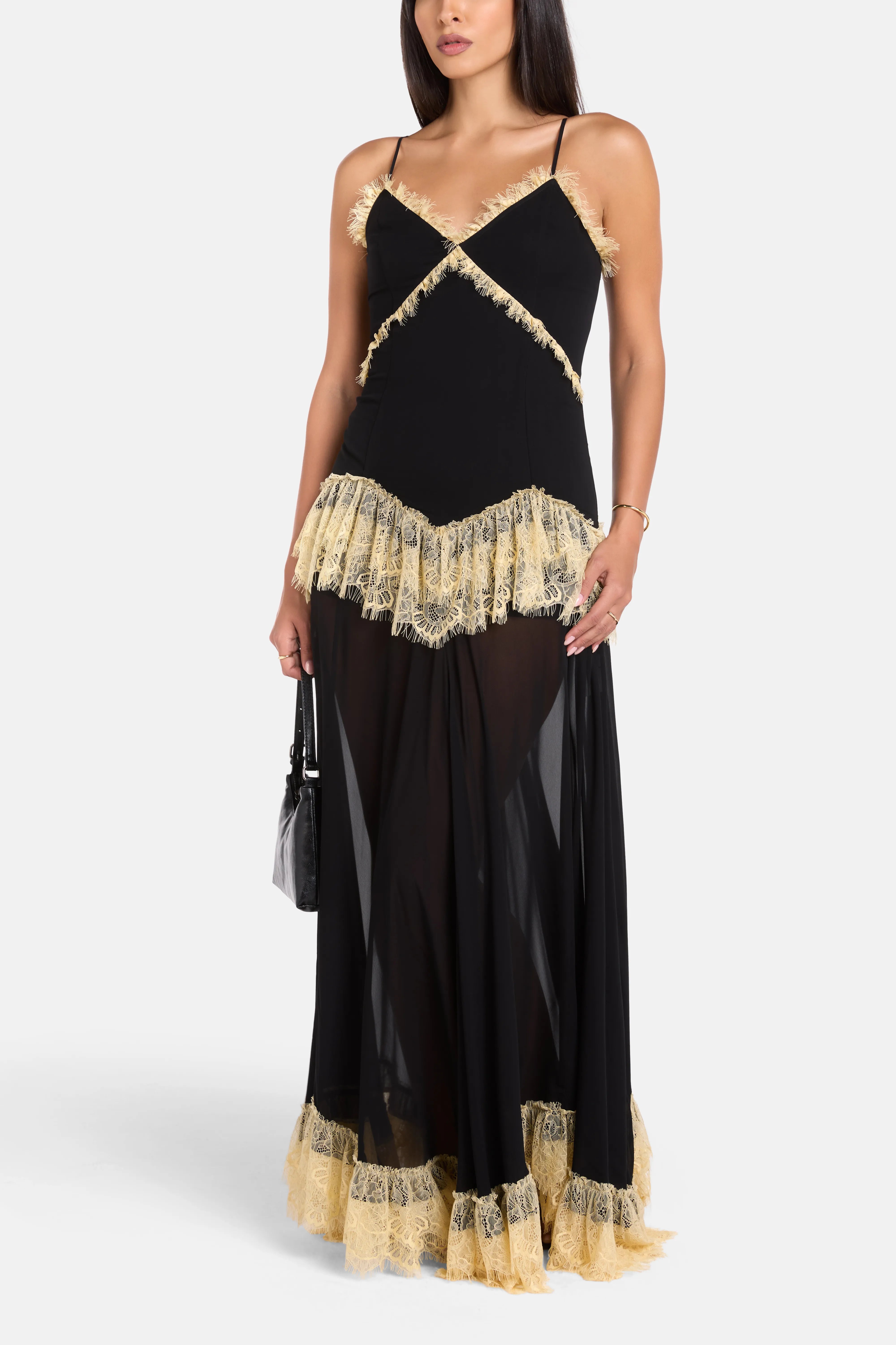 Estela Viscose Georgette Lace Sleeveless Maxi Dress in Black