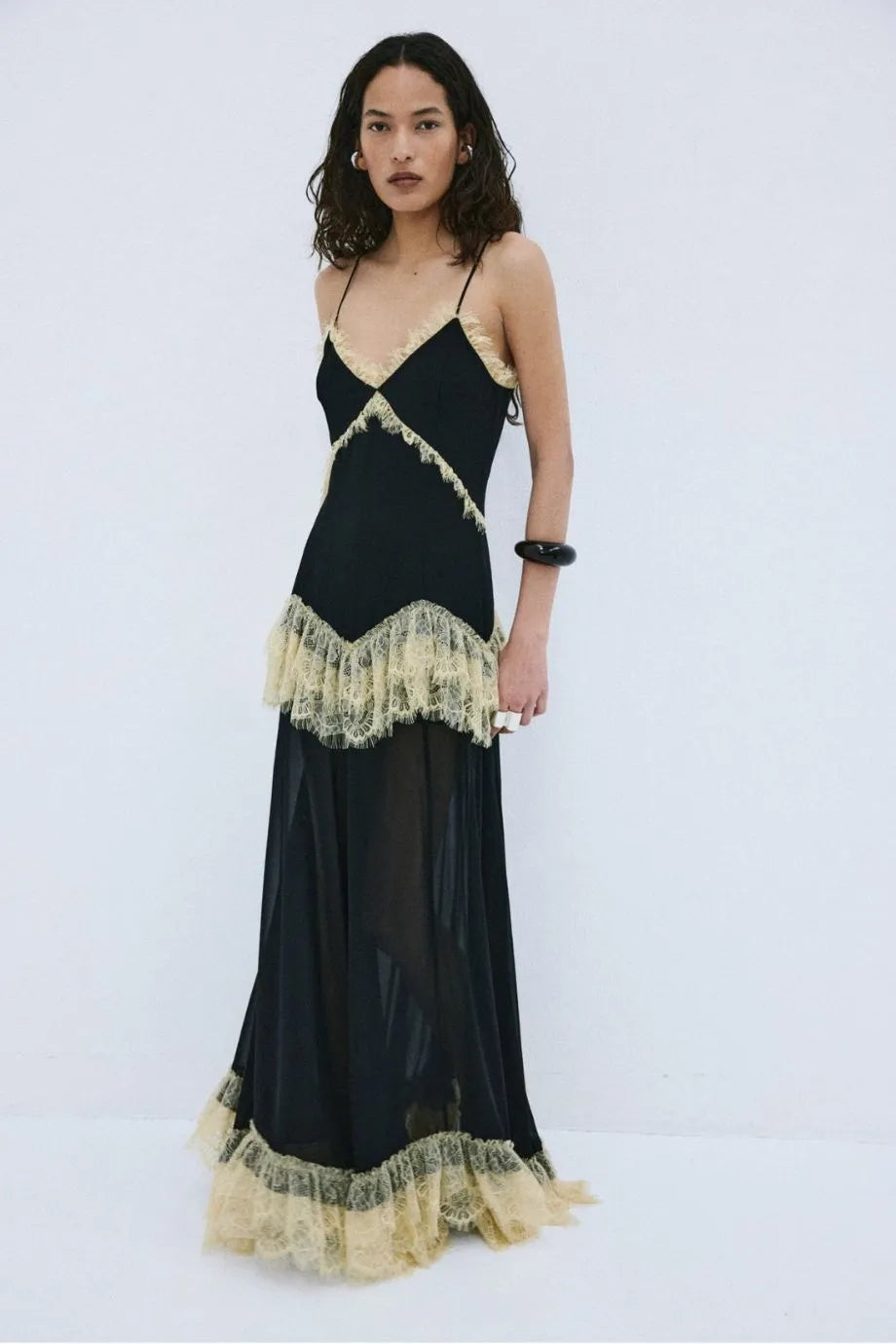 Estela Viscose Georgette Lace Sleeveless Maxi Dress in Black