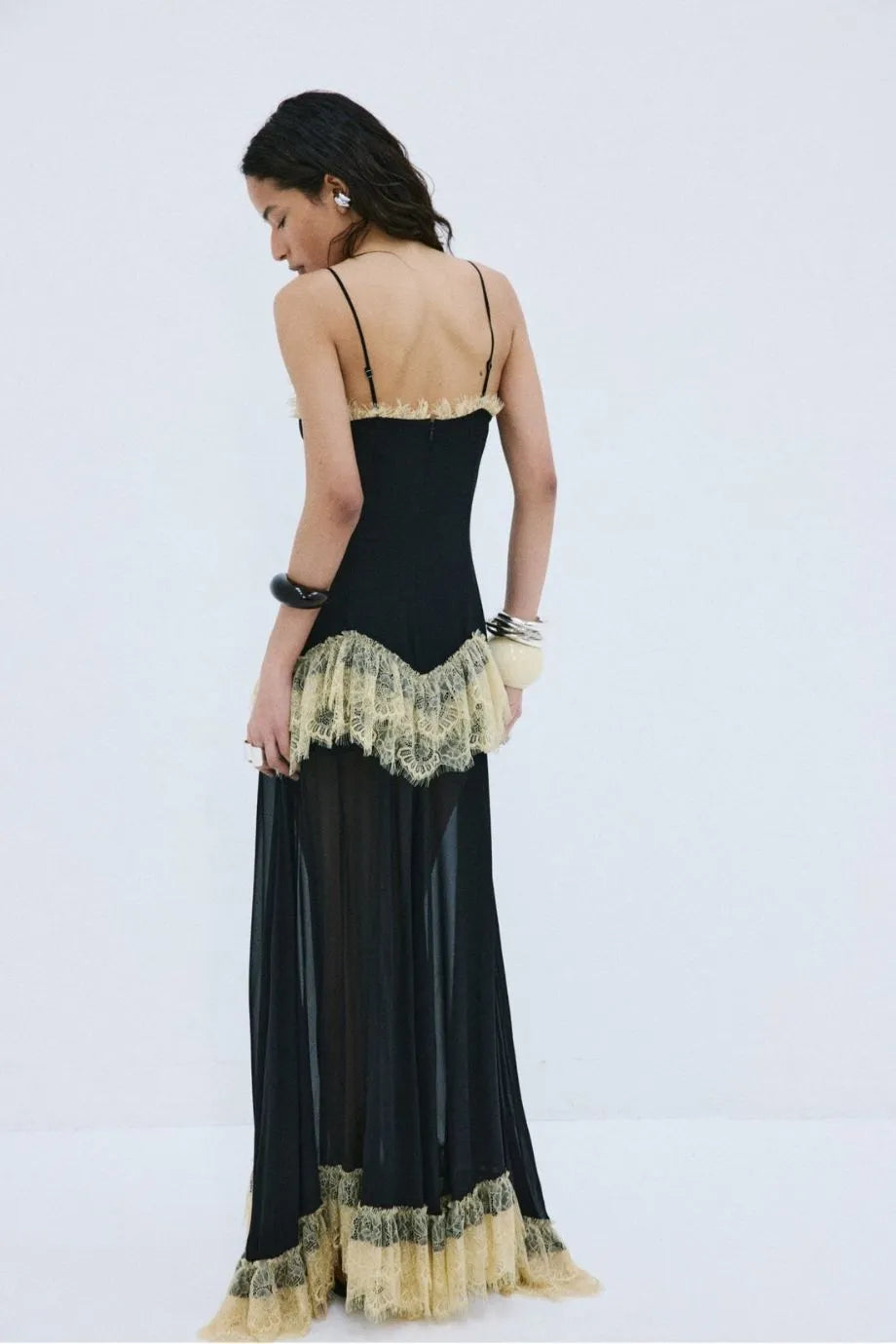 Estela Viscose Georgette Lace Sleeveless Maxi Dress in Black