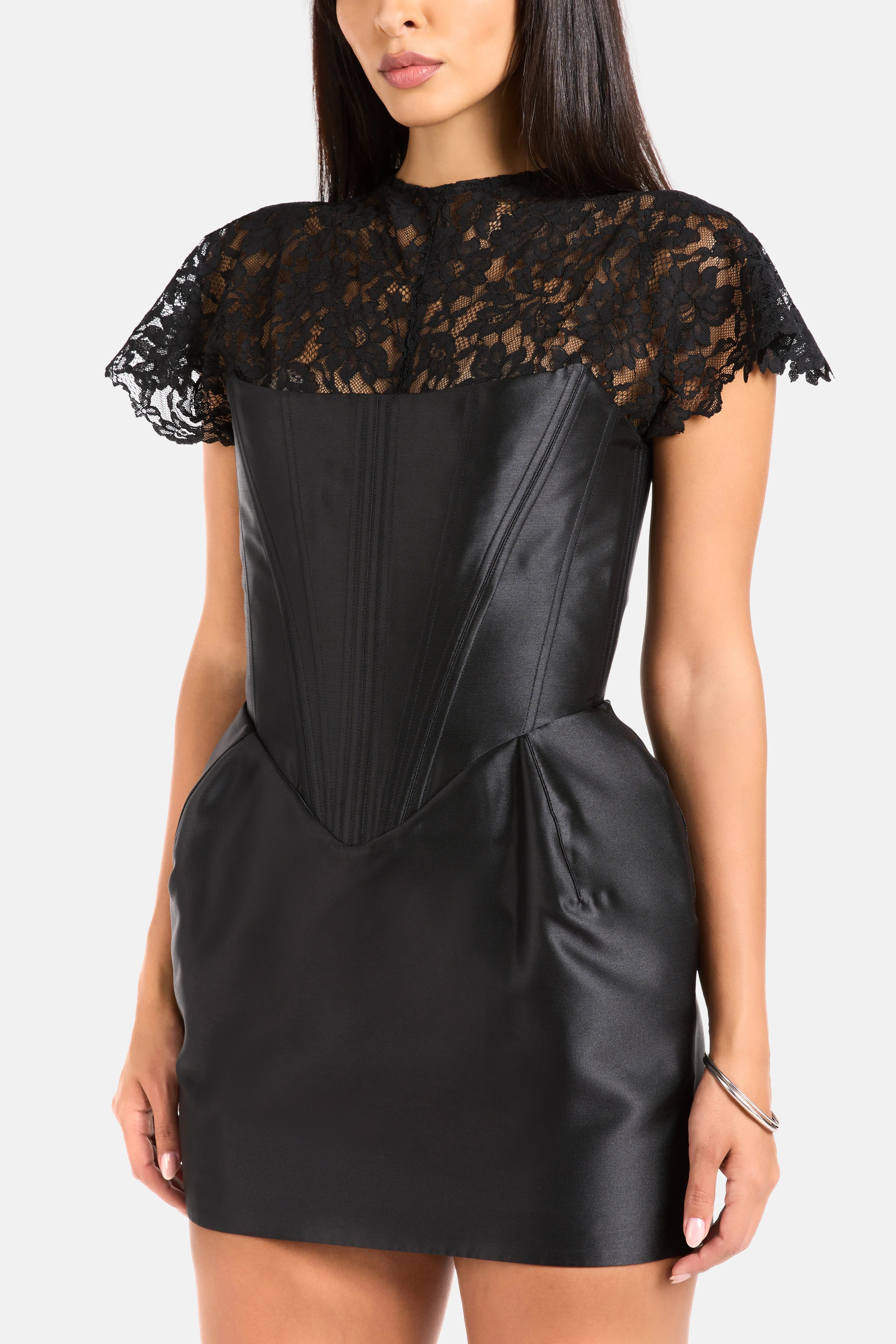 Catalina Twill Lace Corsetted Mini Dress in Black