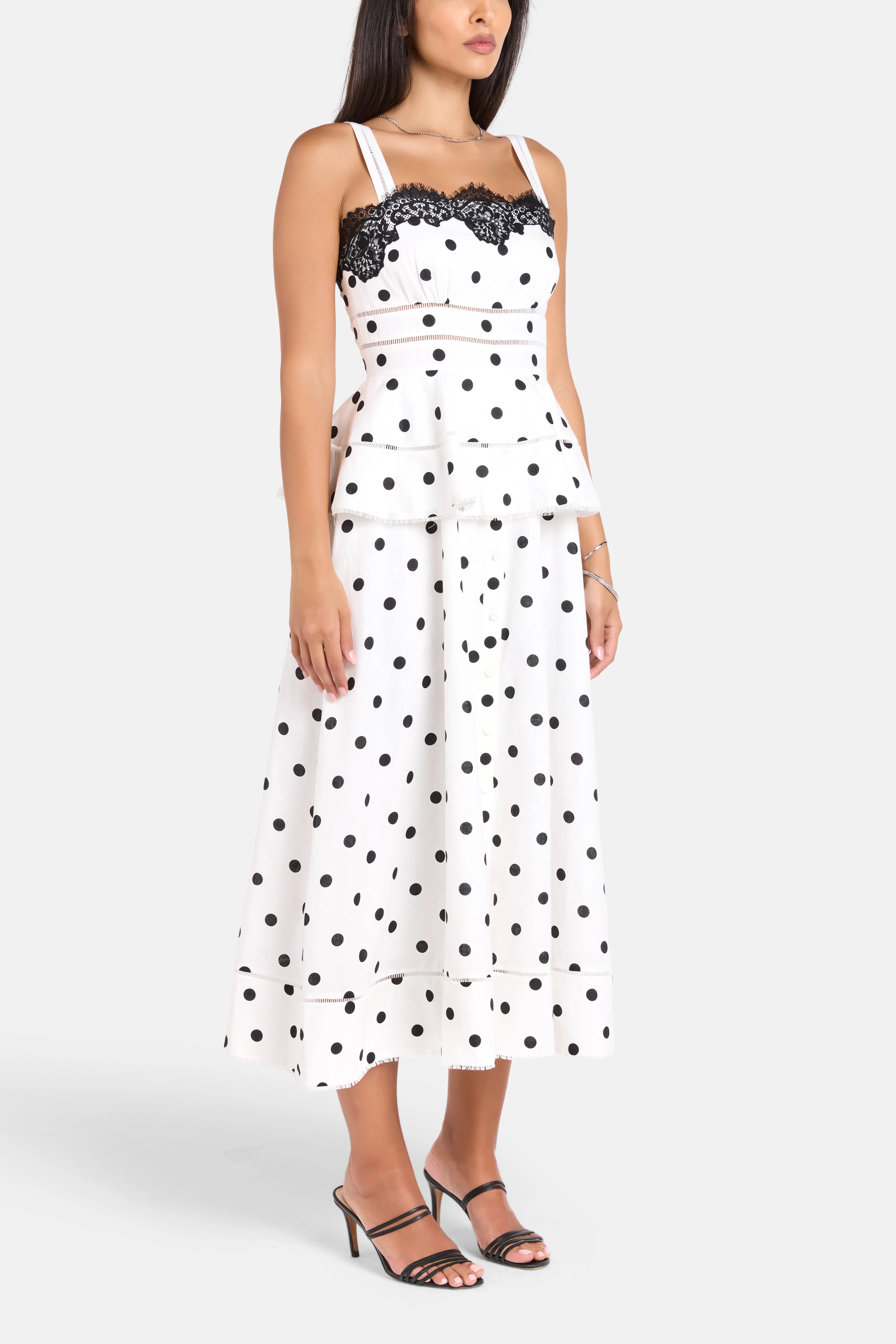 Polka Dot Sleeveless Linen Lace Midi Dress in White
