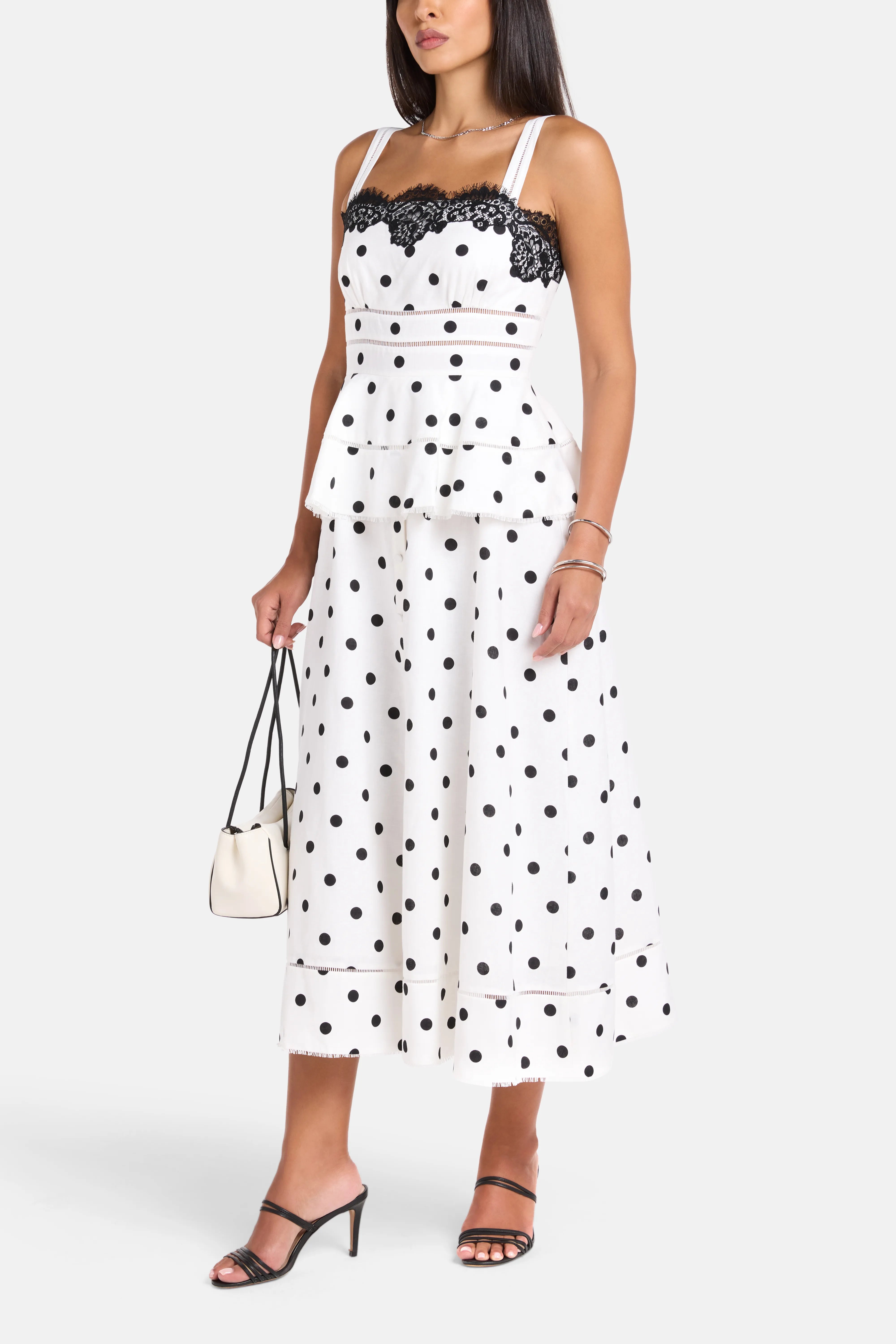 Polka Dot Sleeveless Linen Lace Midi Dress in White