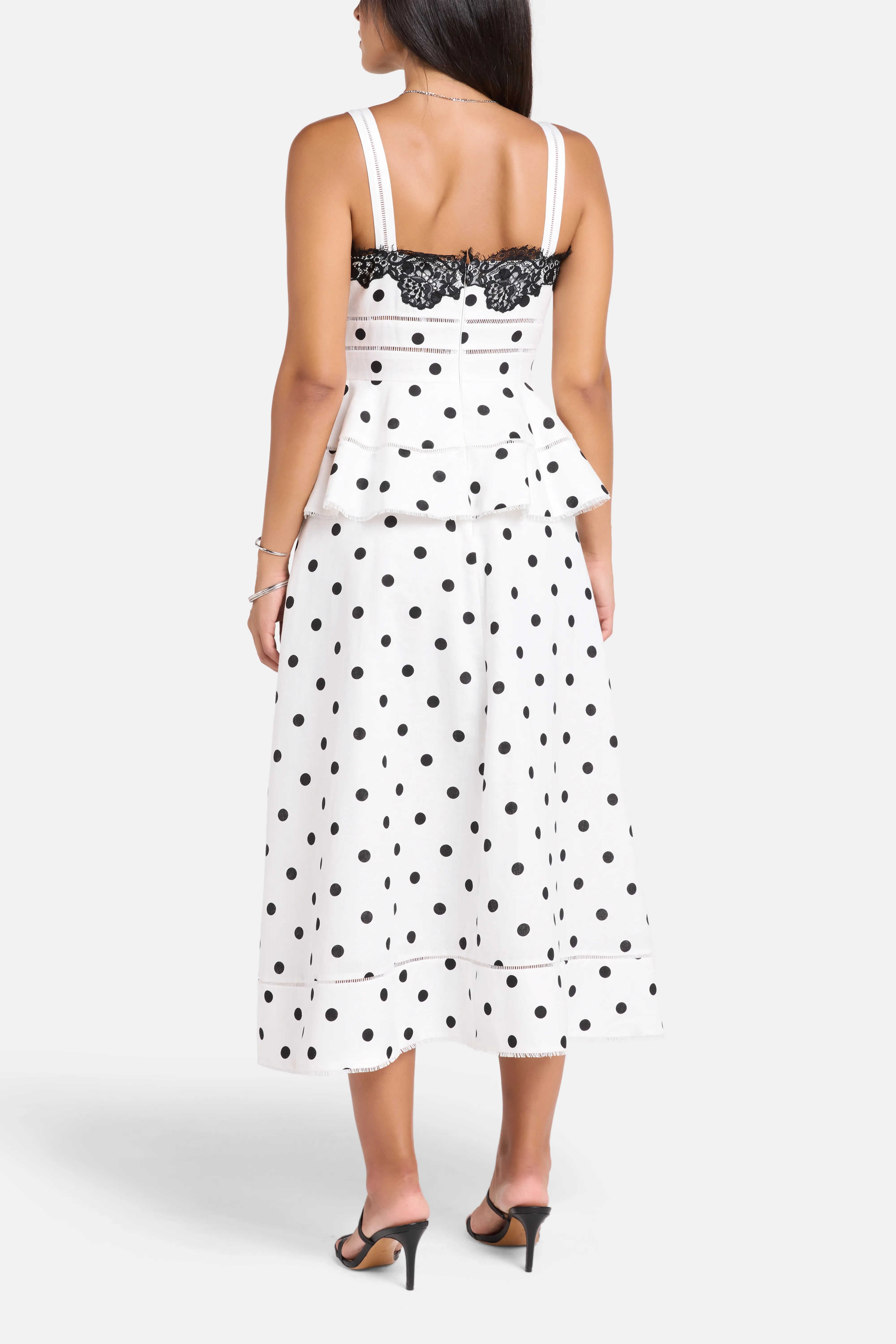 Polka Dot Sleeveless Linen Lace Midi Dress in White