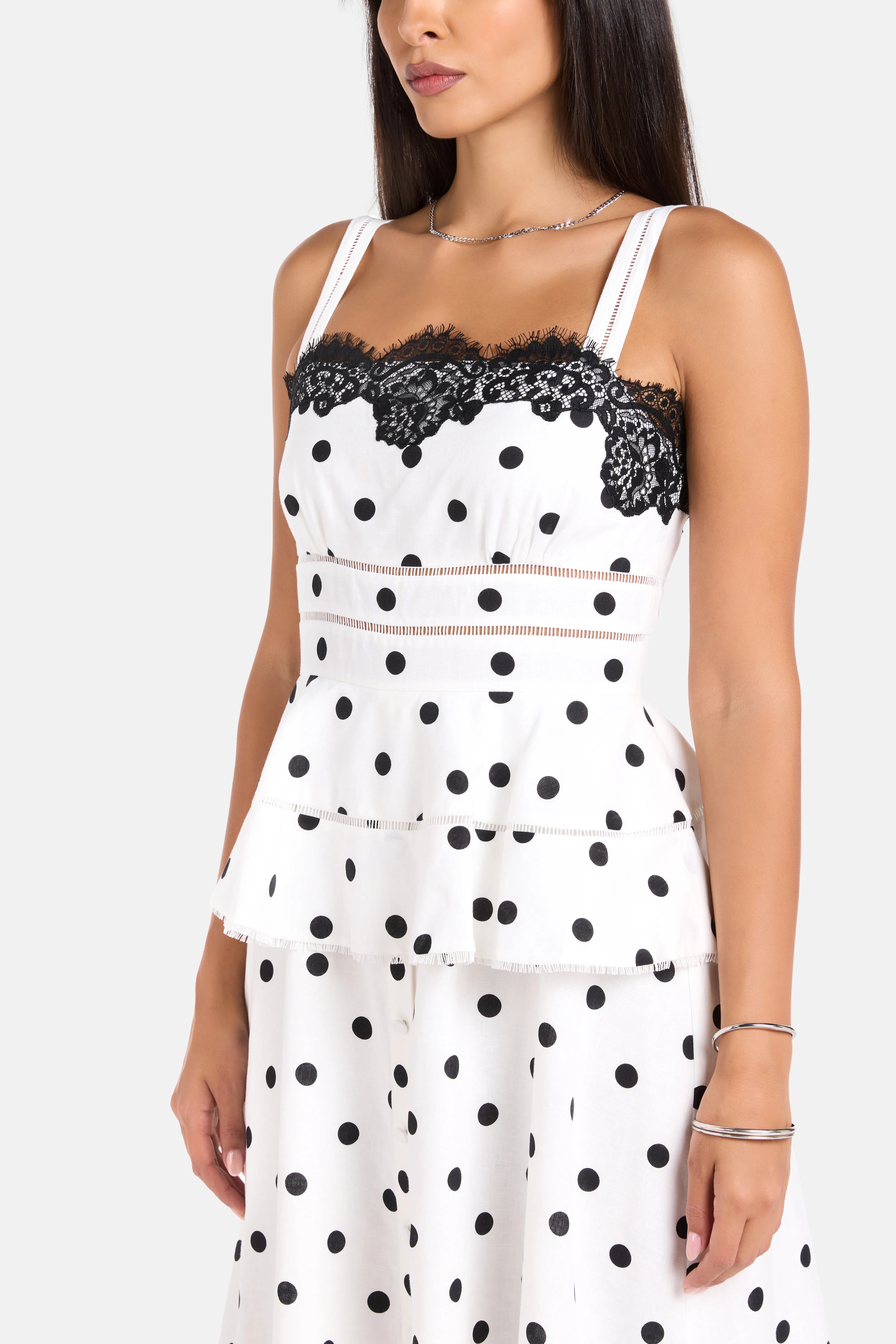 Polka Dot Sleeveless Linen Lace Midi Dress in White
