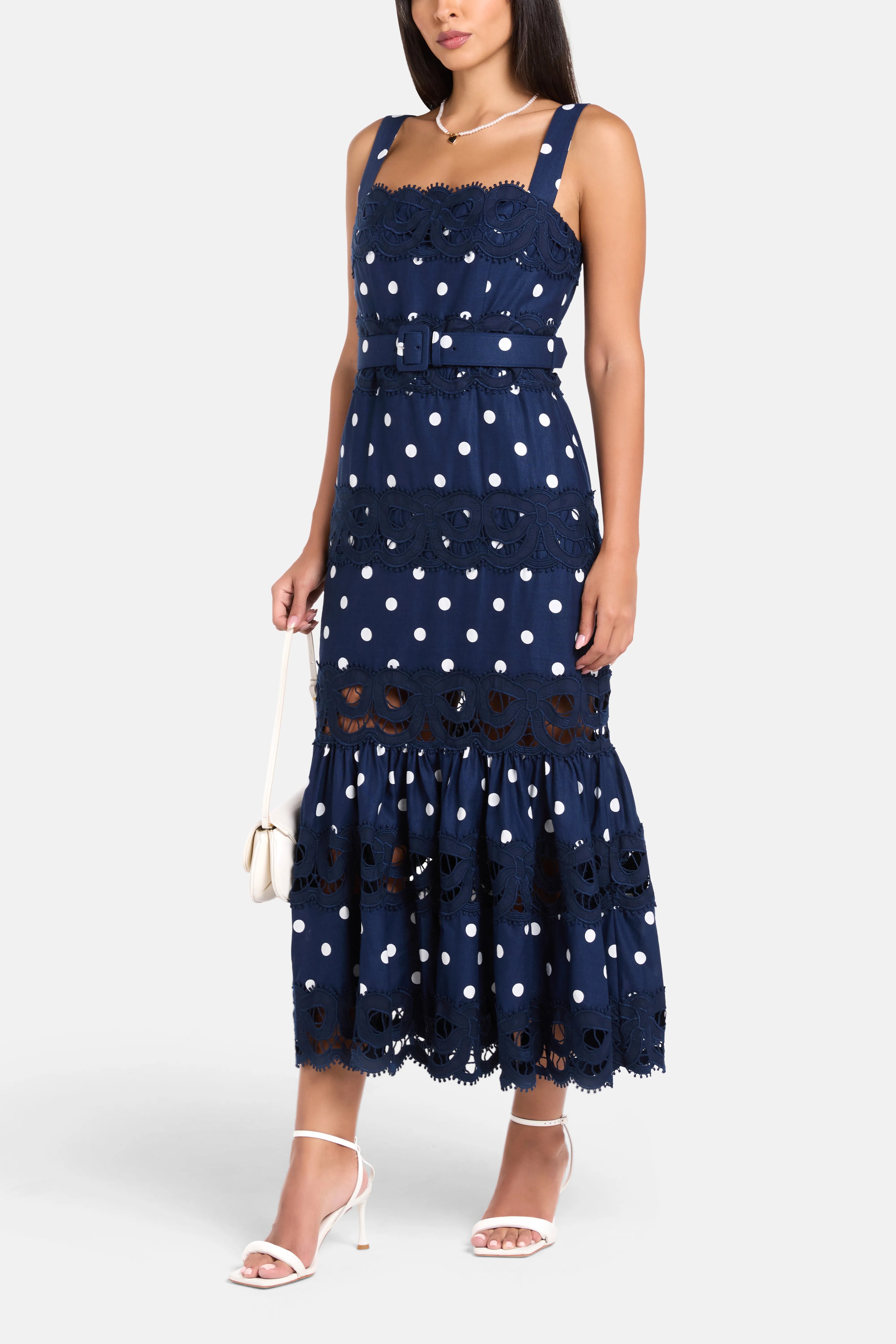 Polka Dot Sleeveless Linen Cotton Midi Dress in Blue