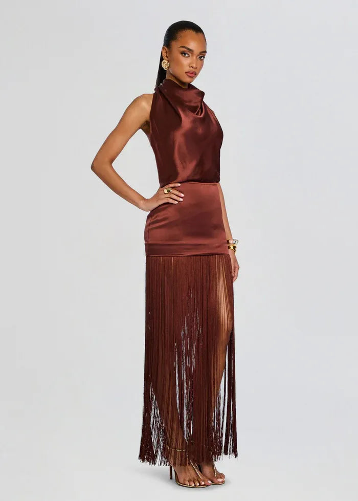 Cyrelle Sleeveless Fringes Mini Dress in Brown