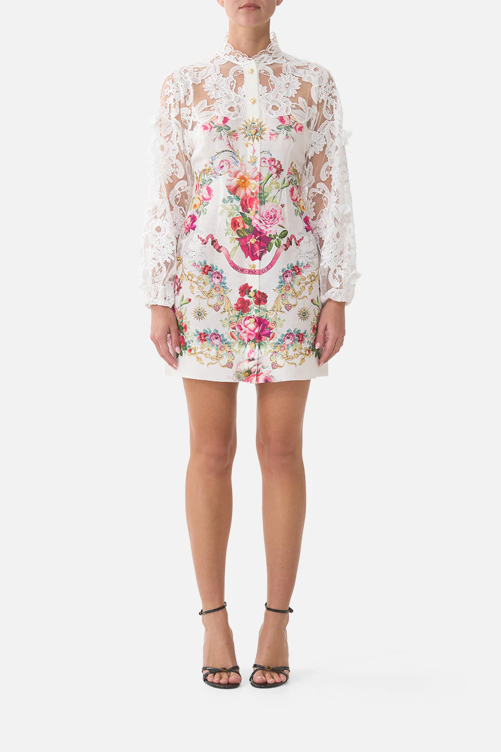 Torero Libertine Floral Lace Linen Mini Dress in White